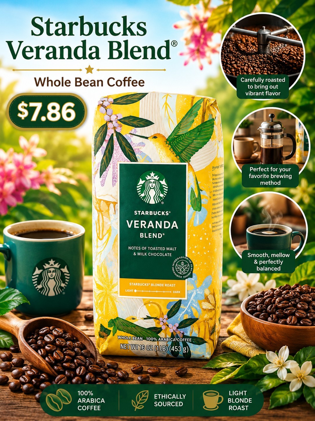 Starbucks Veranda Blend Blonde Roast Whole Bean Coffee Toasted Malt 16oz