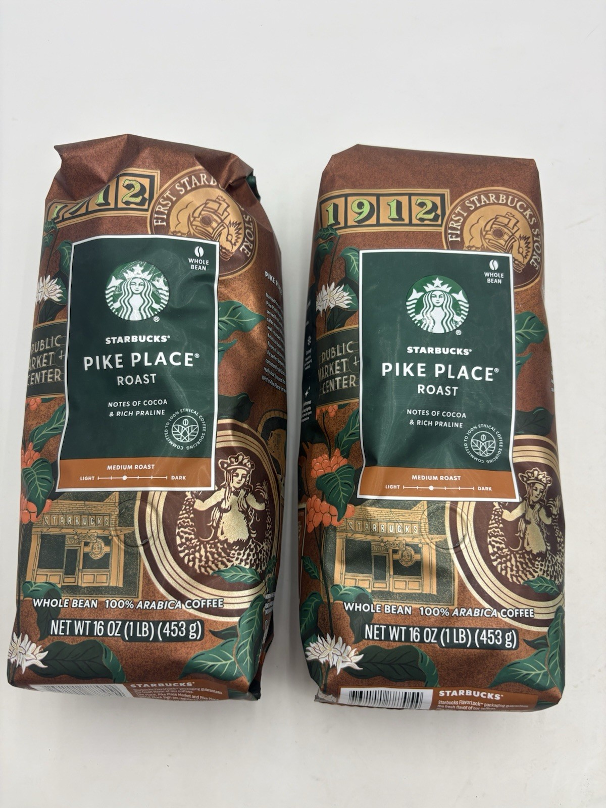 (2) Starbucks Pike Place Roast Whole Bean Coffee 1LB/bag New BB 12AUG2026