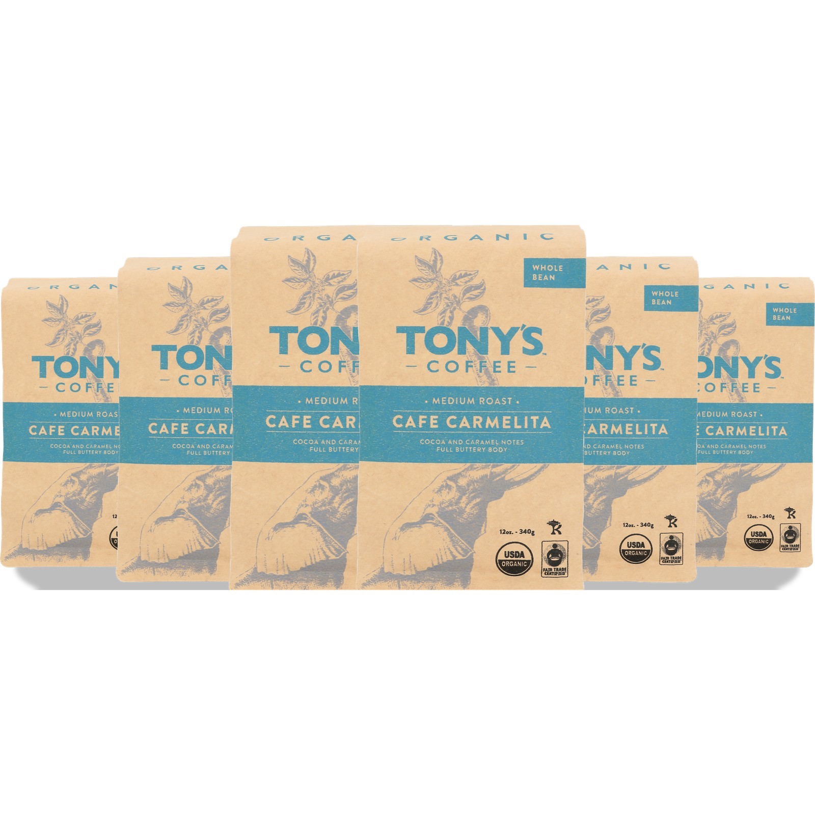 Cafe Carmelita Tony’S Coffee Medium Roast Whole Bean 12 Oz Organic 6 Pack