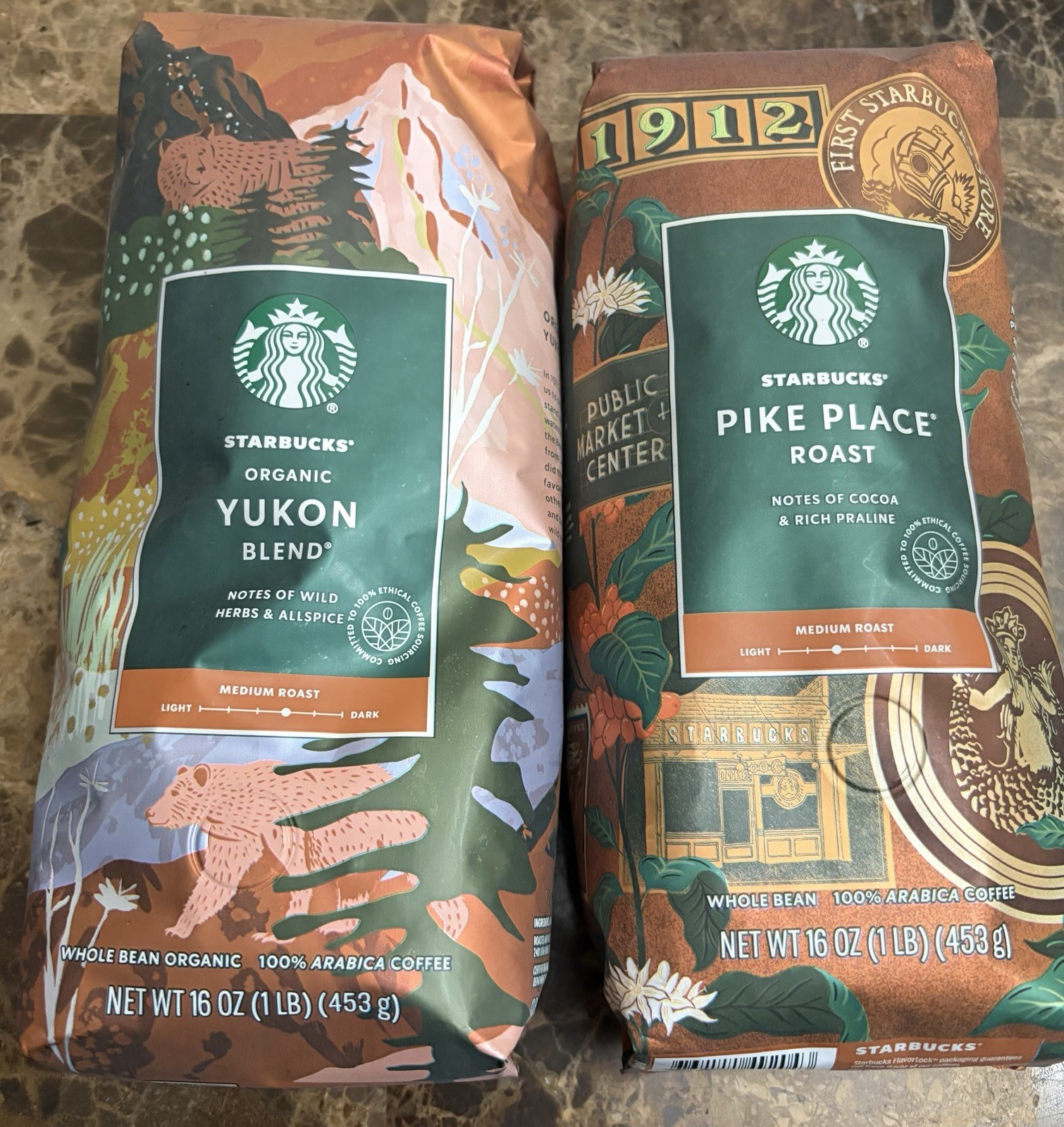 Starbucks Pike Place & Yukon Blend Medium Roast Whole Bean 2-16oz. Bags Sealed