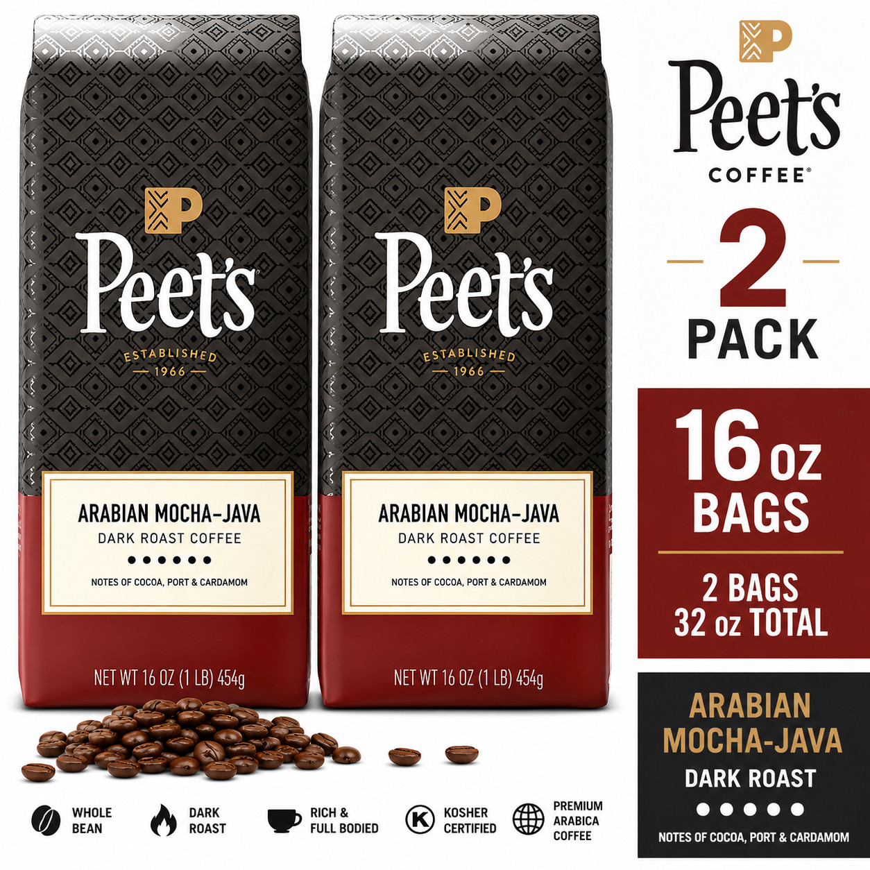 Peet’s Arabian Mocha Java Whole Bean Coffee 16 oz Bags (2 Pack) Dark Roast