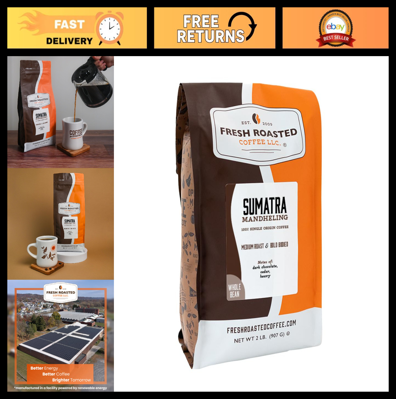 100% Sumatra Mandheling Whole Bean Coffee, Medium Roast, Kosher, 2 lb Fresh Roas