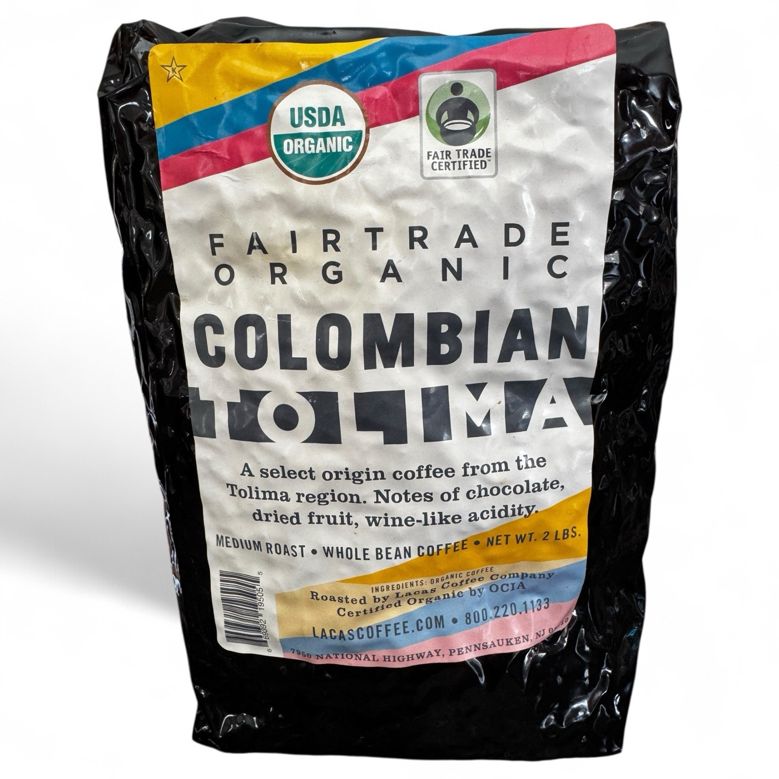 Lacas Coffee Fair Trade Organic Colombian Tolima Whole Bean Coffee 2 lb Sealed