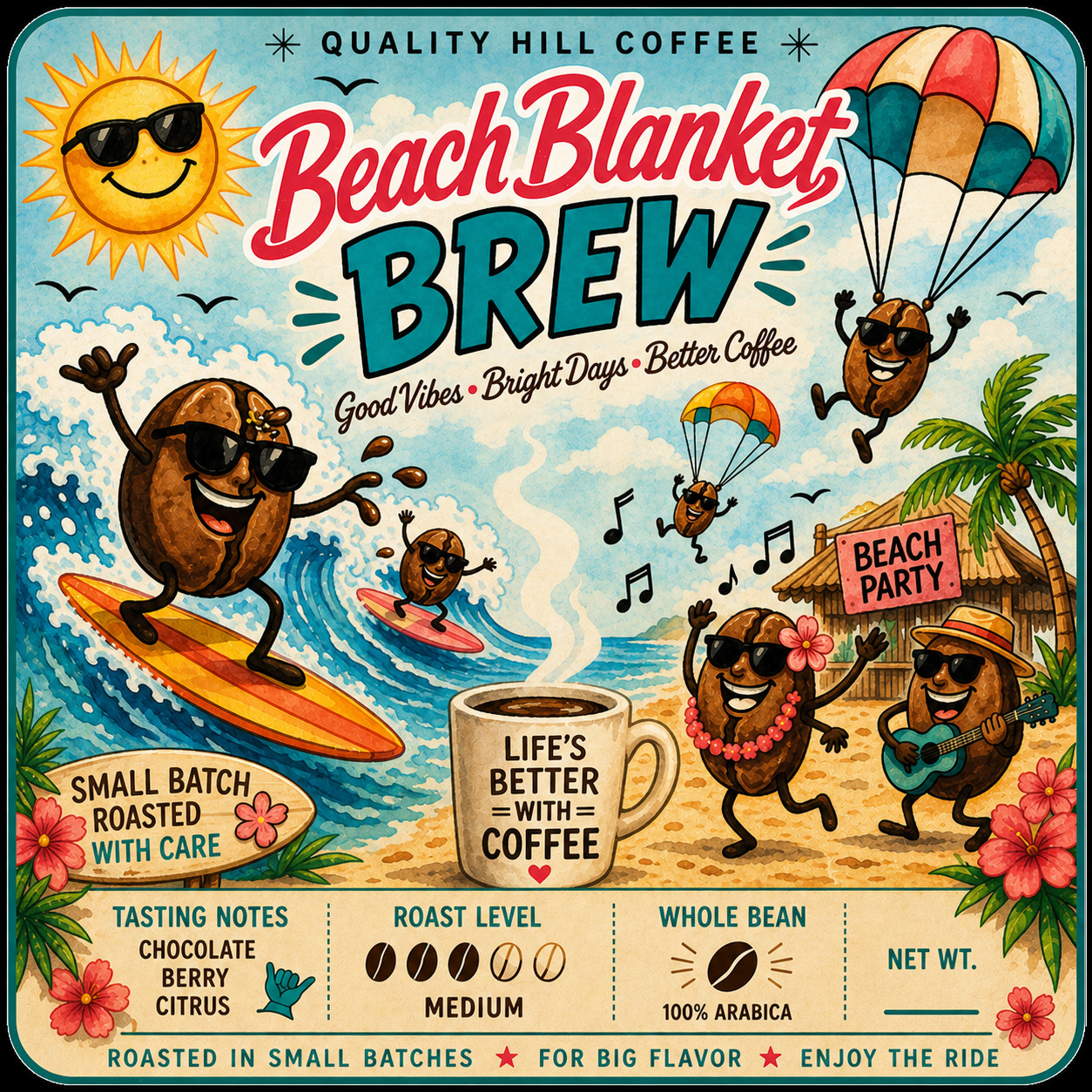 Beach Blanket Brew Coffee Medium Roast Fresh Roasted Whole Bean 5 Pounds