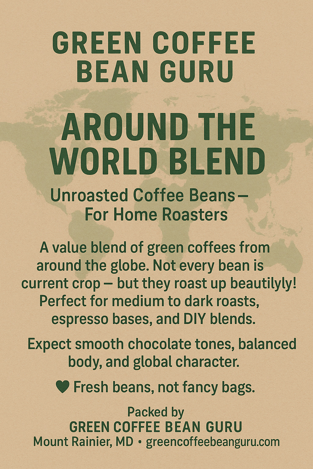 10 lb Green Coffee – Around the World Blend – Unroasted Arabica for Home Roaster