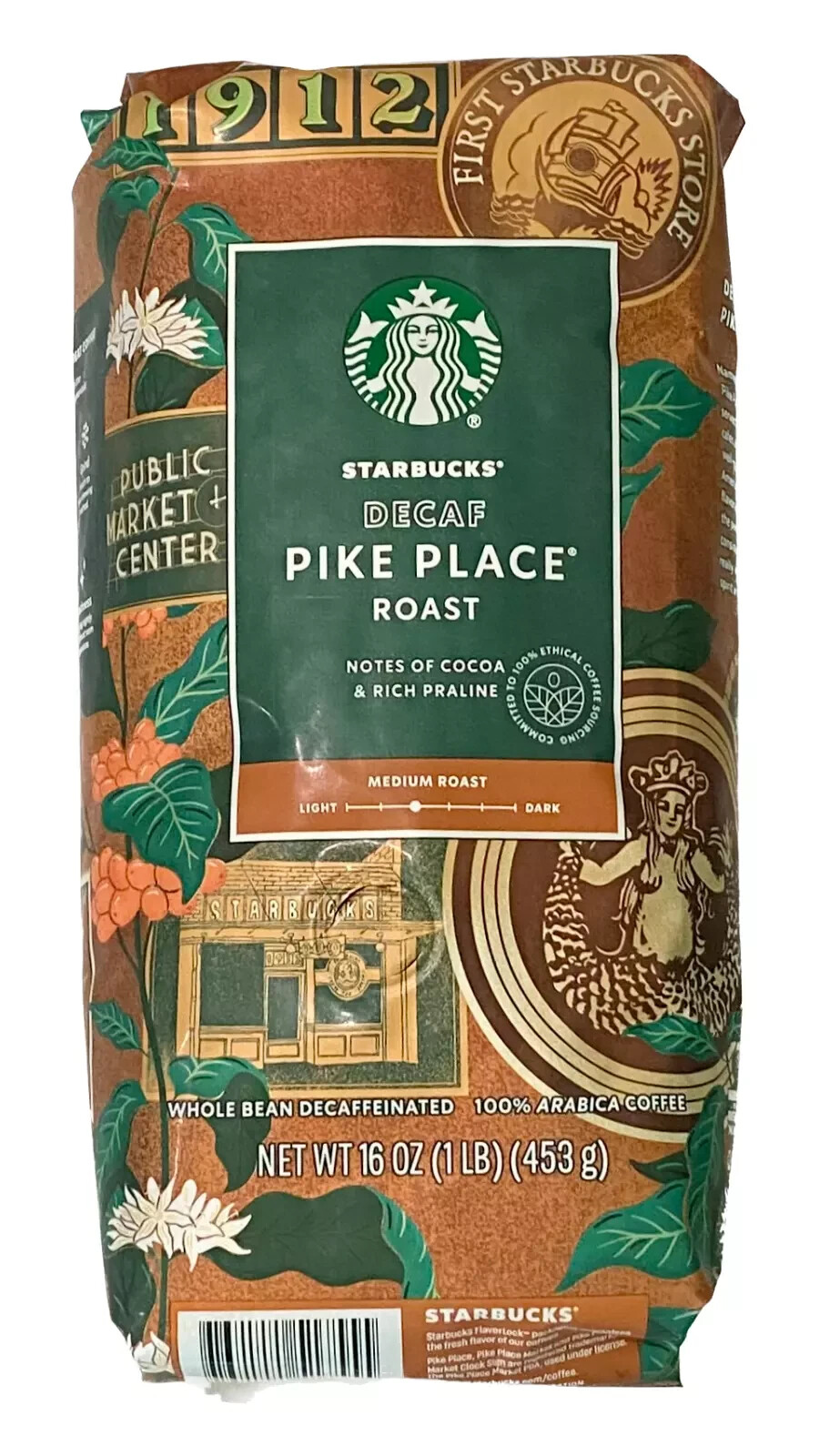 Starbucks Decaf Pike Place Medium Roast Whole Bean Coffee 1lb / 16oz Bag