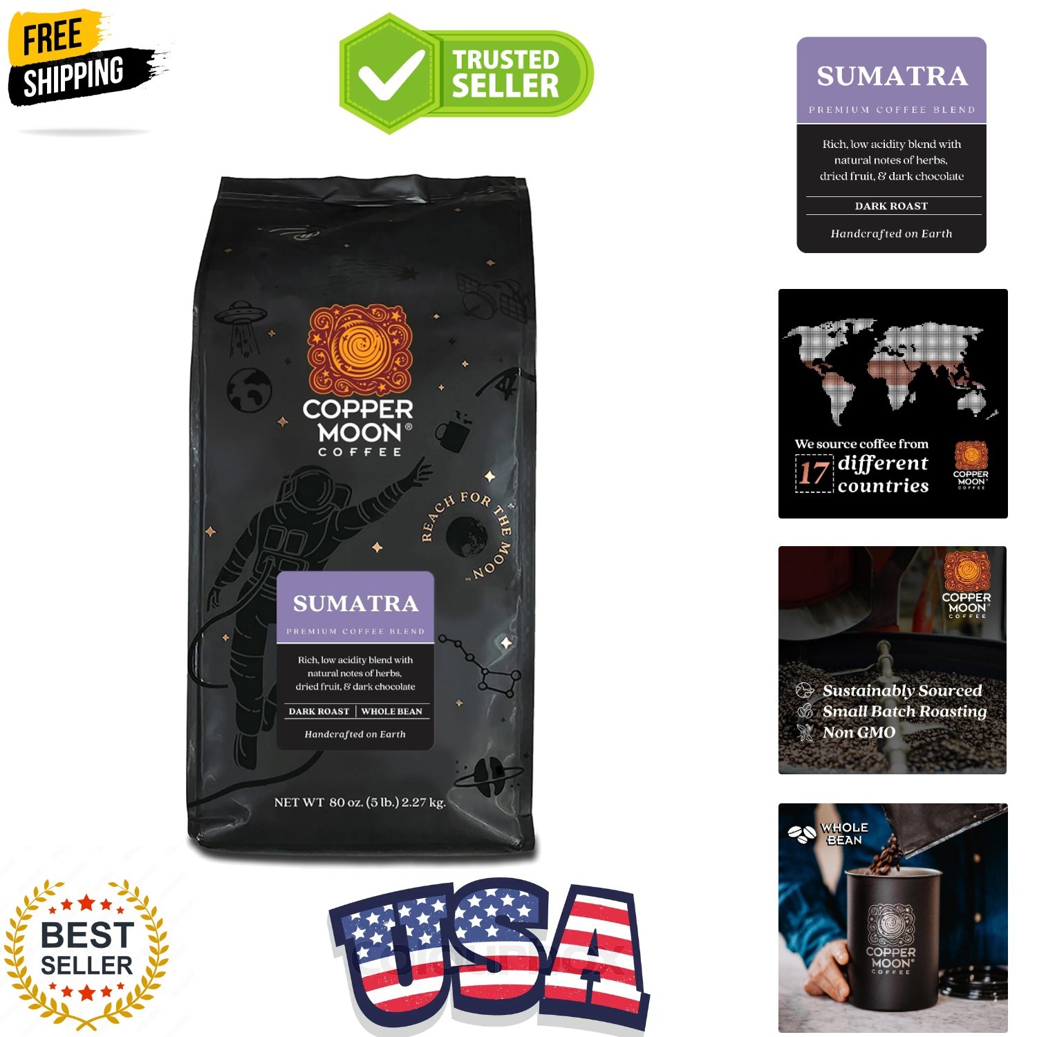 Whole Bean Coffee, Dark Roast, Sumatra Blend, 5 Lb | 5 Pound Bag, , Allergen …
