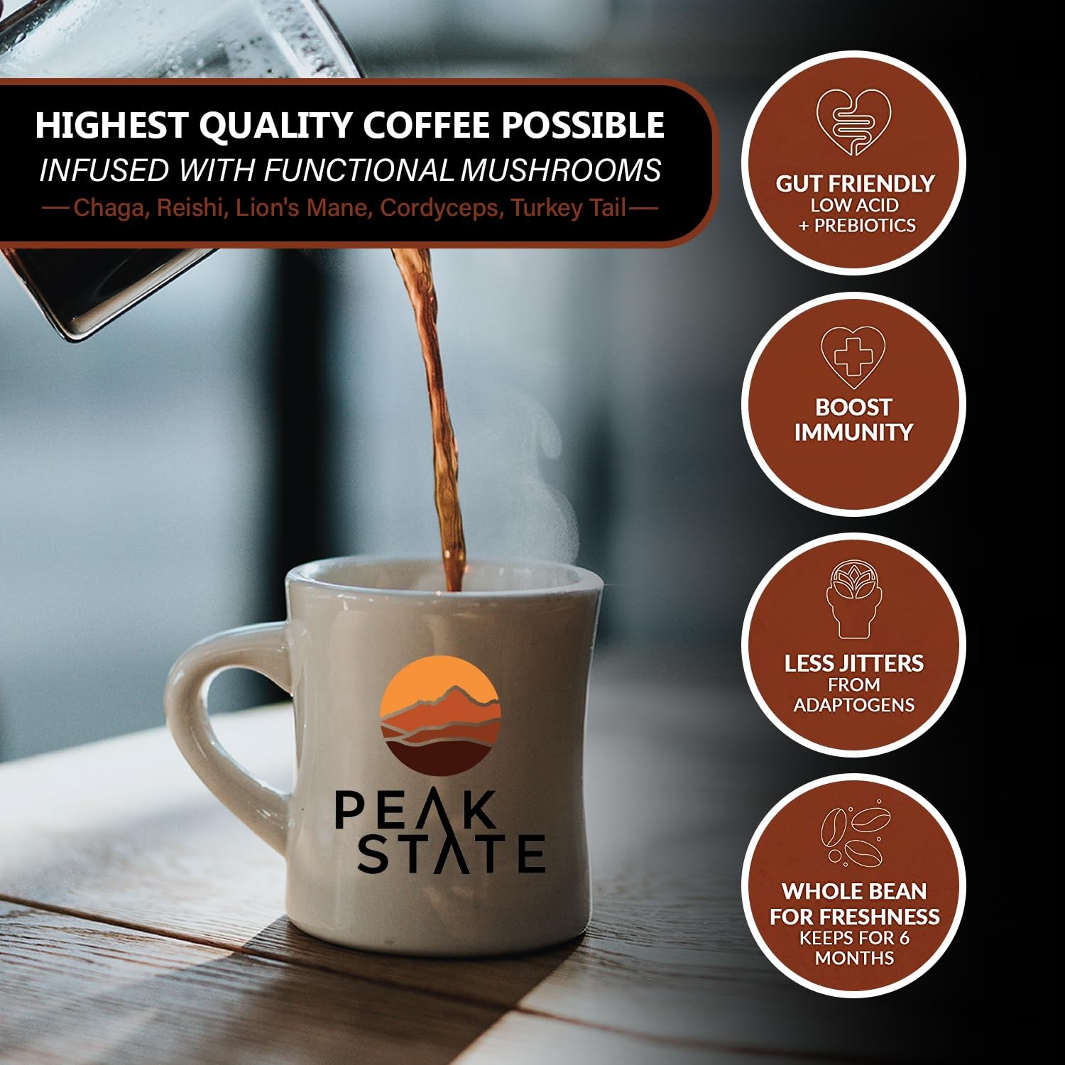 Peak State Immunity Boost Medium Roast – Organic Mushroom Coffee, Low Acid S…