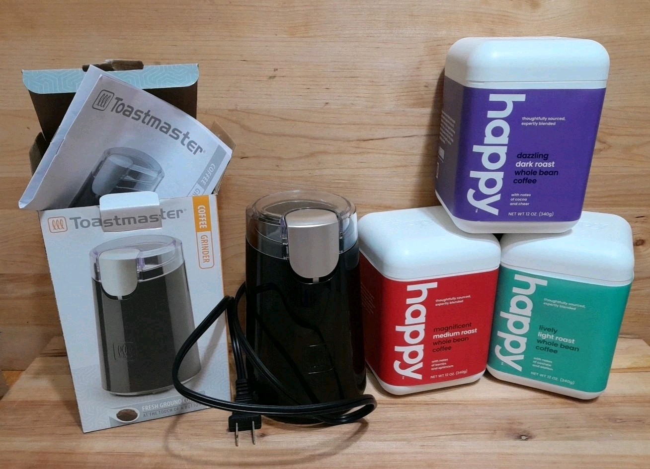 GIFT PAK: HAPPY THOUGHTFULLY SOURCED & BLENDED Whole Bean Coffee 3CANS w/GRINDER