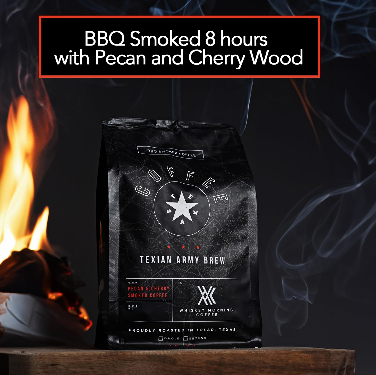 Texian Army Brew, Double Smoked Whole Bean Coffee, Fire Roasted with Pecan Wo…
