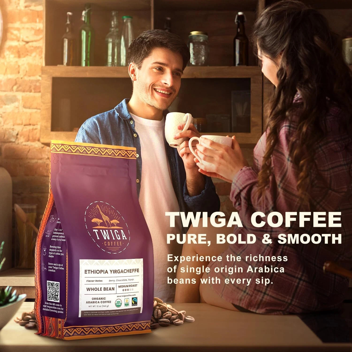 Twiga Ethiopian Yirgacheffe Coffee Beans – Organic Medium – Best By 06/20/2026