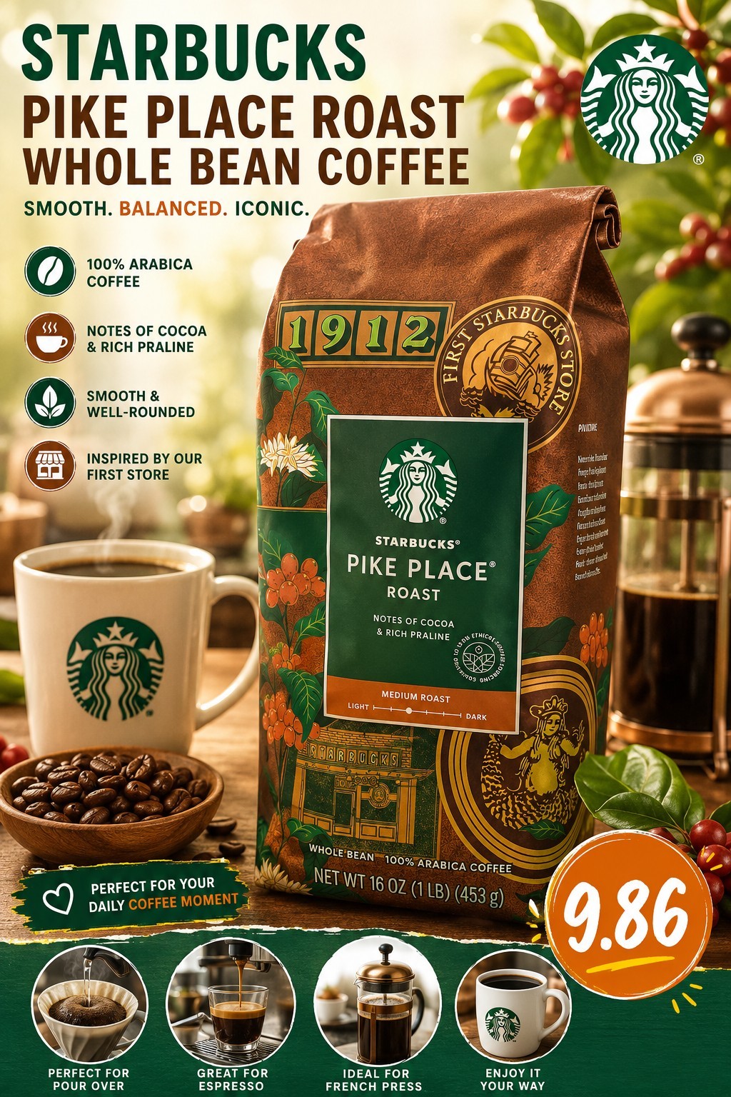 Starbucks Pike Place Whole Bean Coffee, 1lb/16oz, Medium Roast