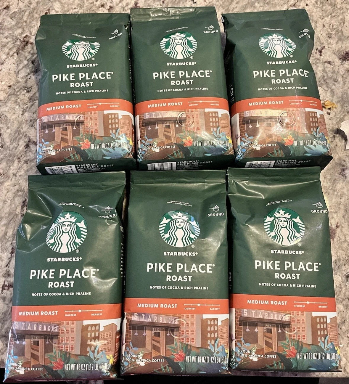 6 Bag PIKE place Starbucks Ground 18oz Bags Coffee Medium Roast Lot 6.72 pounds
