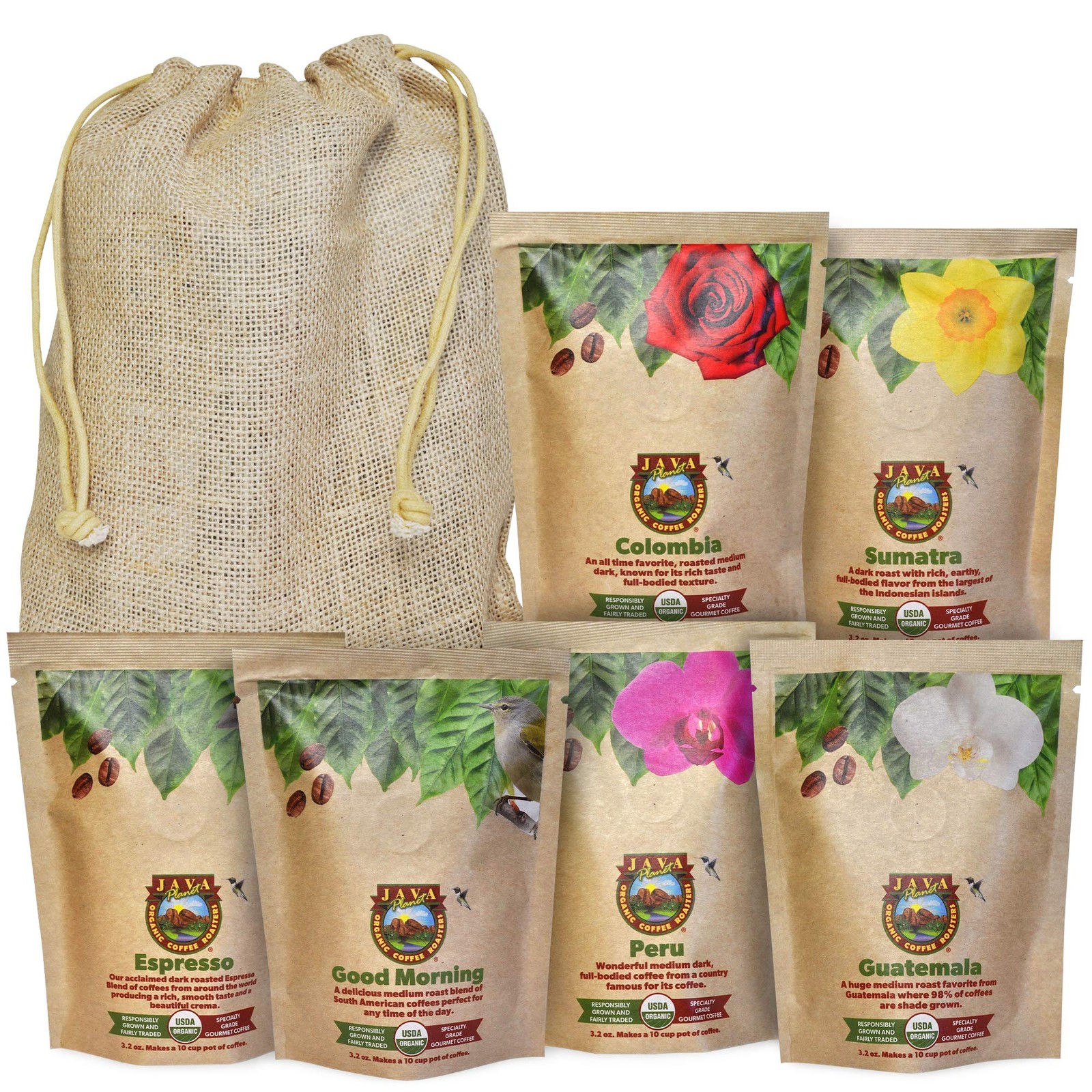 Organic Mold Free Coffee, Gift Sampler Set, 1.32 LBs in 6 Bags