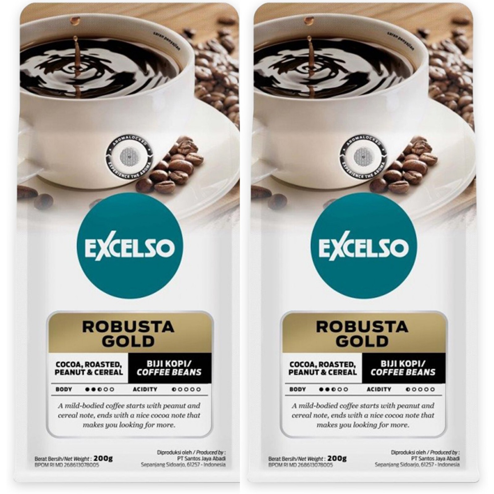 EXCELSO Indonesia Coffee Robusta Gold 200g Pack of 2 Whole Beans or Ground
