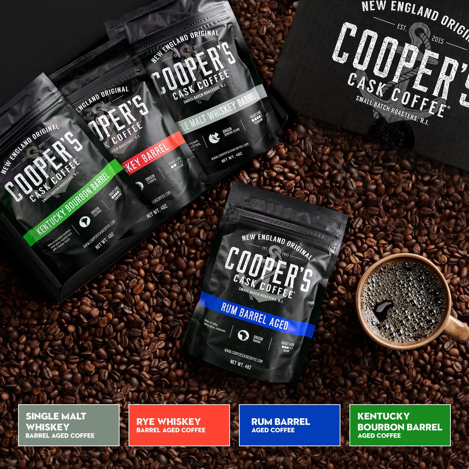 Bourbon Whiskey Barrel Aged Coffee Box Set 4 Whole Bean Single Origin Gift