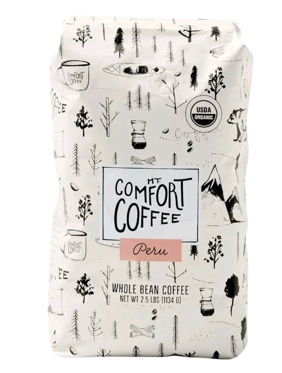 Mt. Comfort Organic Peru Medium Roast Whole Been Coffee 2.5 Lb Bag EXP 11/2026