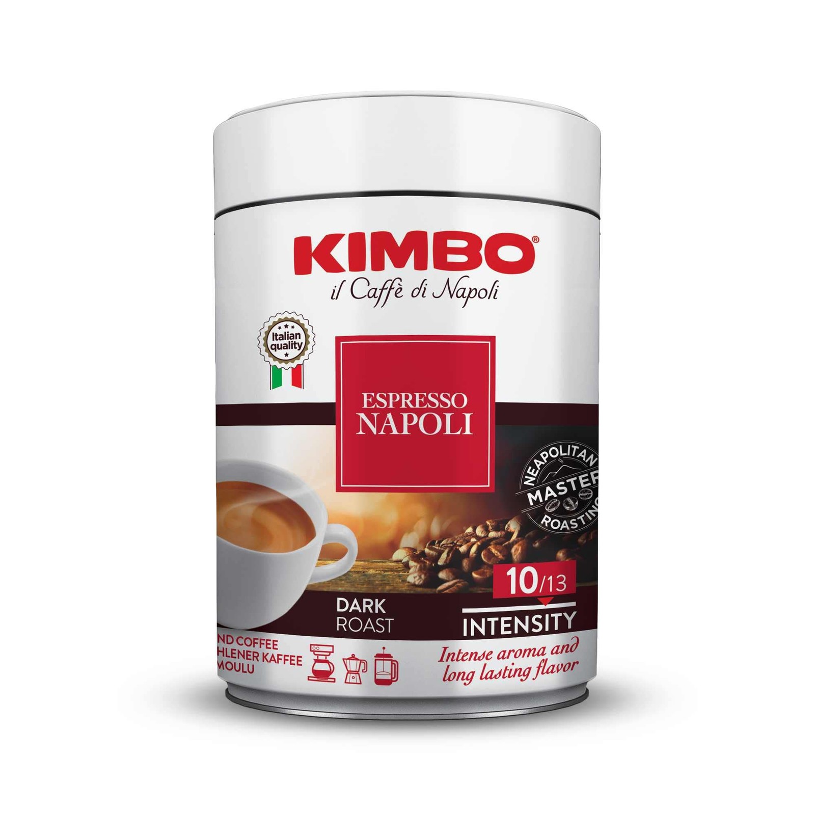 Kimbo 100% Arabica Ground Coffee Tin, Napoletano, Dark Roast, 250g, BROWN