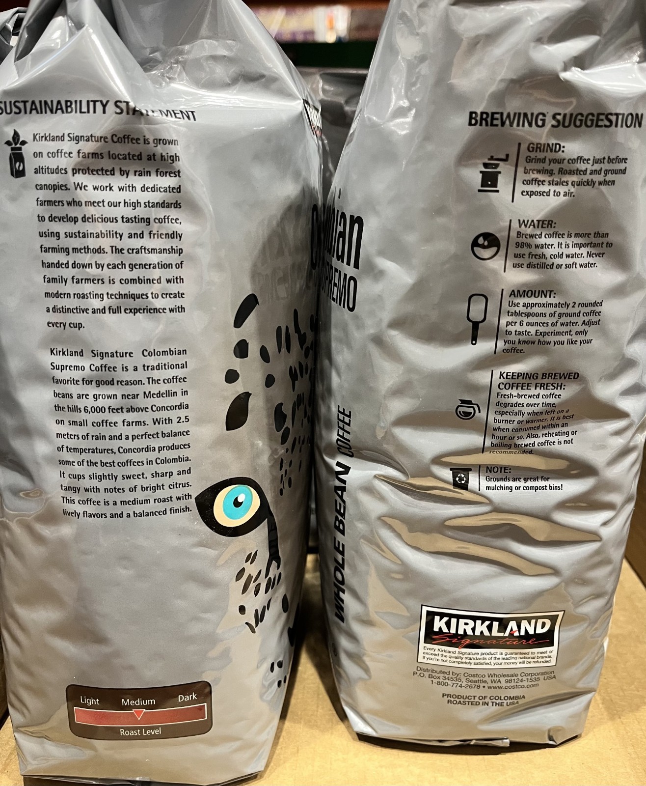 Colombian Supremo Coffee Whole Bean Kirkland Signature 100% Arabica 2 Bags 6 IB