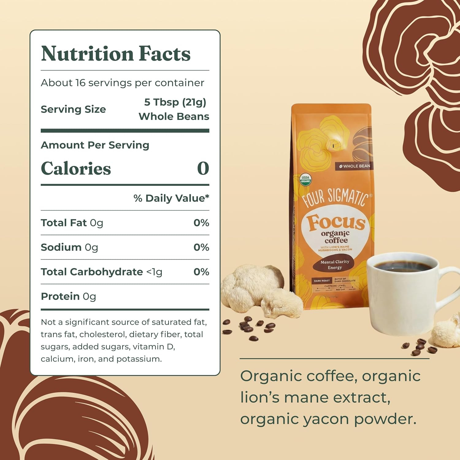 Four Sigmatic Dark Roast Organic Whole Bean Coffee | Gourmet Nootropic Mushroom