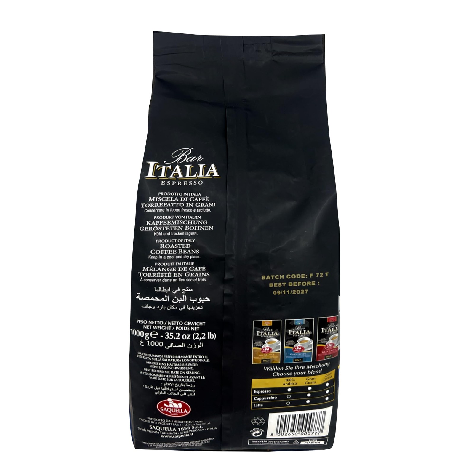 1kg 2.2 LB Kaffee Bar Italia Gran Gusto Espresso Coffee Beans Smooth Crema