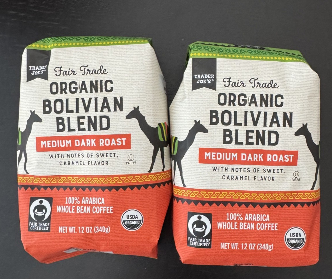 2 Packs Trader Joe’s Organic Fair Trade Bolivian Blend Bean Coffee 12 oz Each