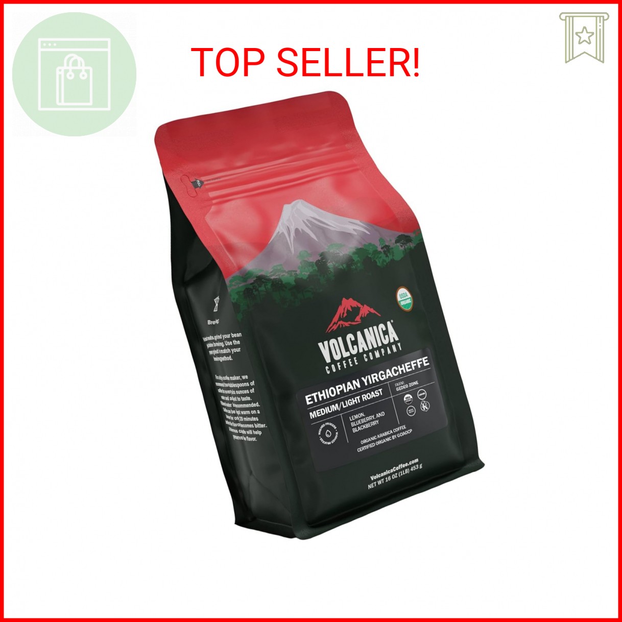 Ethiopian Coffee, Yirgacheffe Region, USDA Organic, Whole Bean, Kosher, Fresh Ro