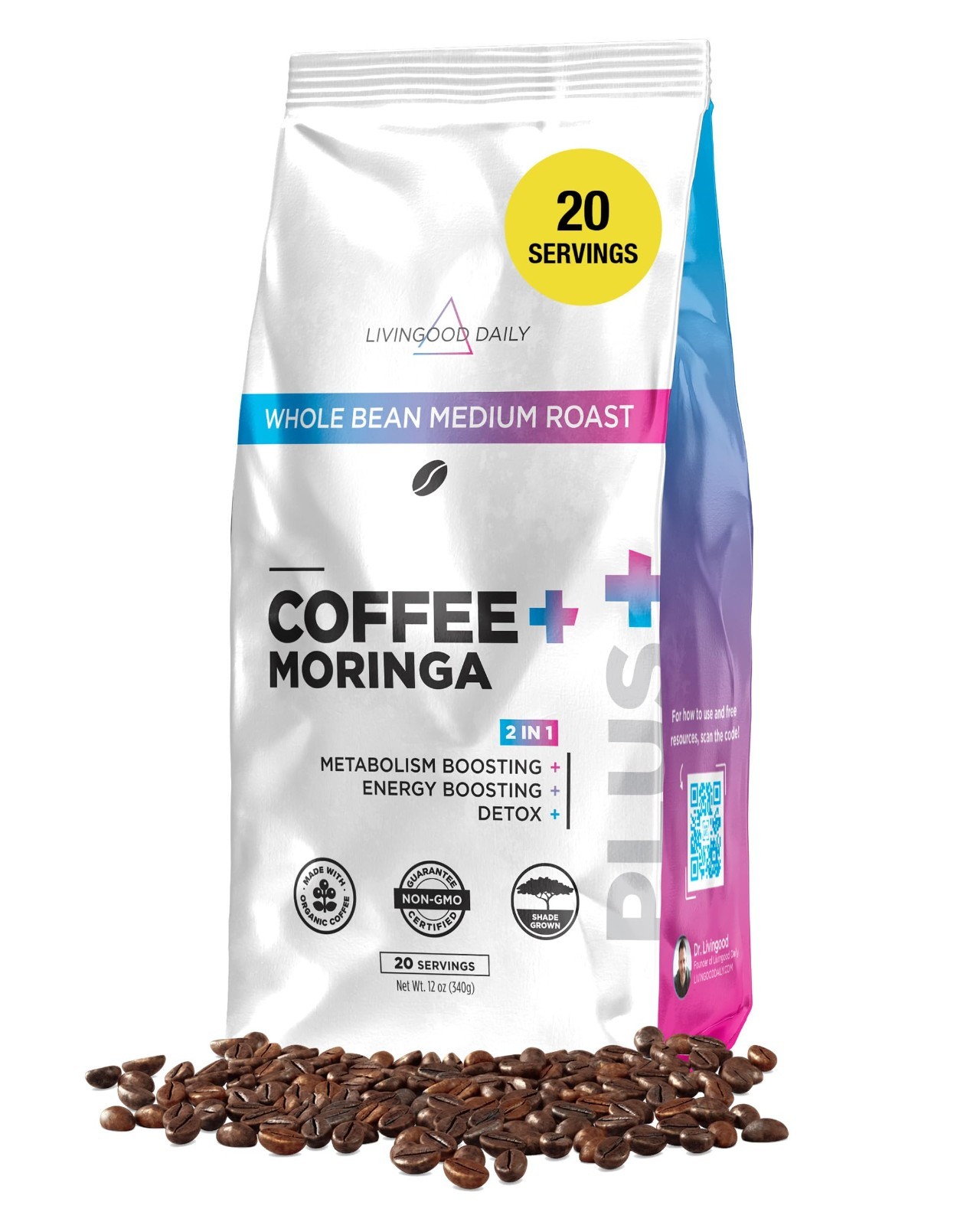Organic Whole Bean Coffee with Moringa – Medium Roast, Vegan, Gluten-Free, 12 oz