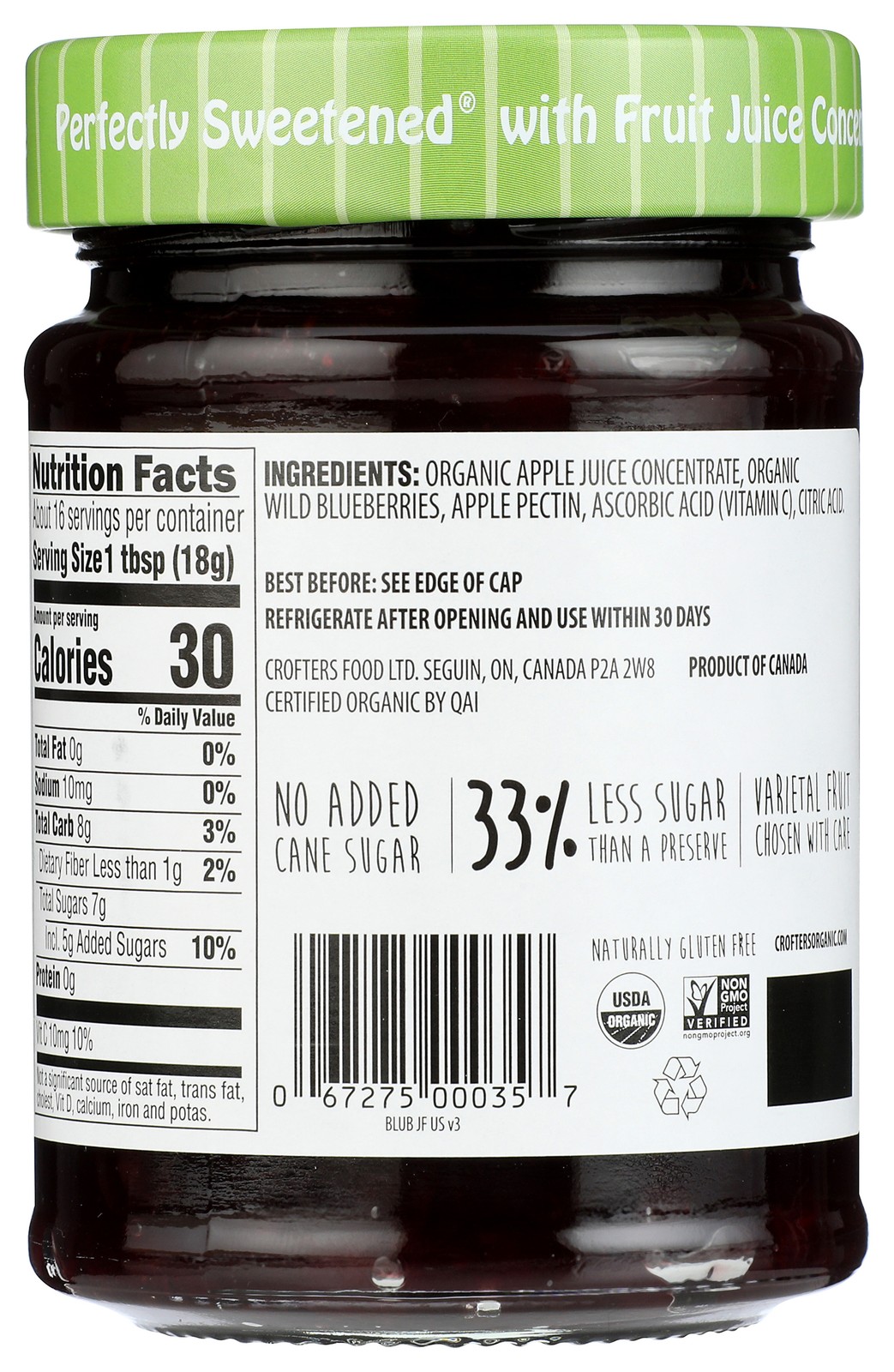 Crofter’S Just Fruit Organic Wild Blueberry Spread 10 Oz Jar 6 Pack