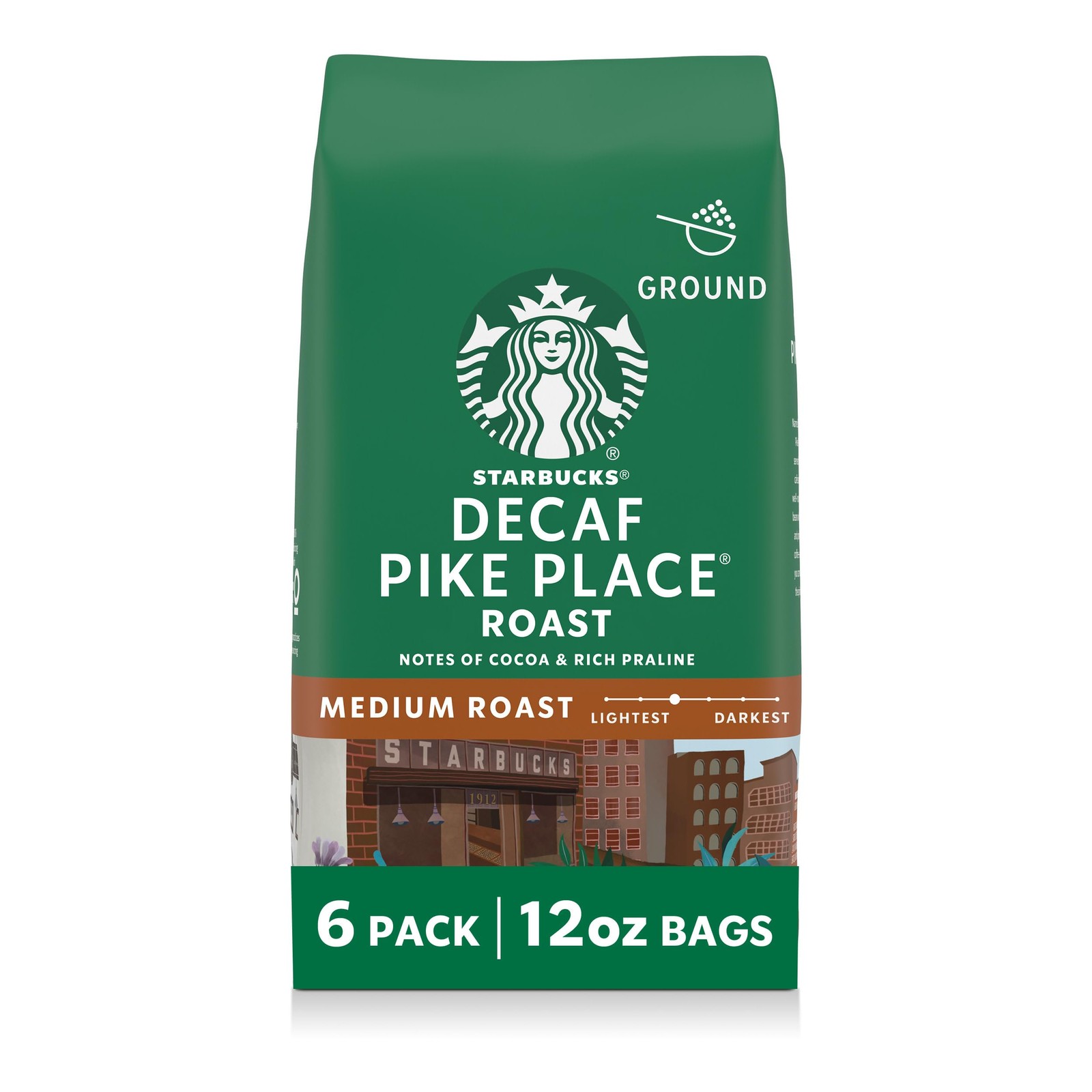 Starbucks Ground Coffee, Medium Roast 6 Pack (12 oz each), Decaf Pike Place