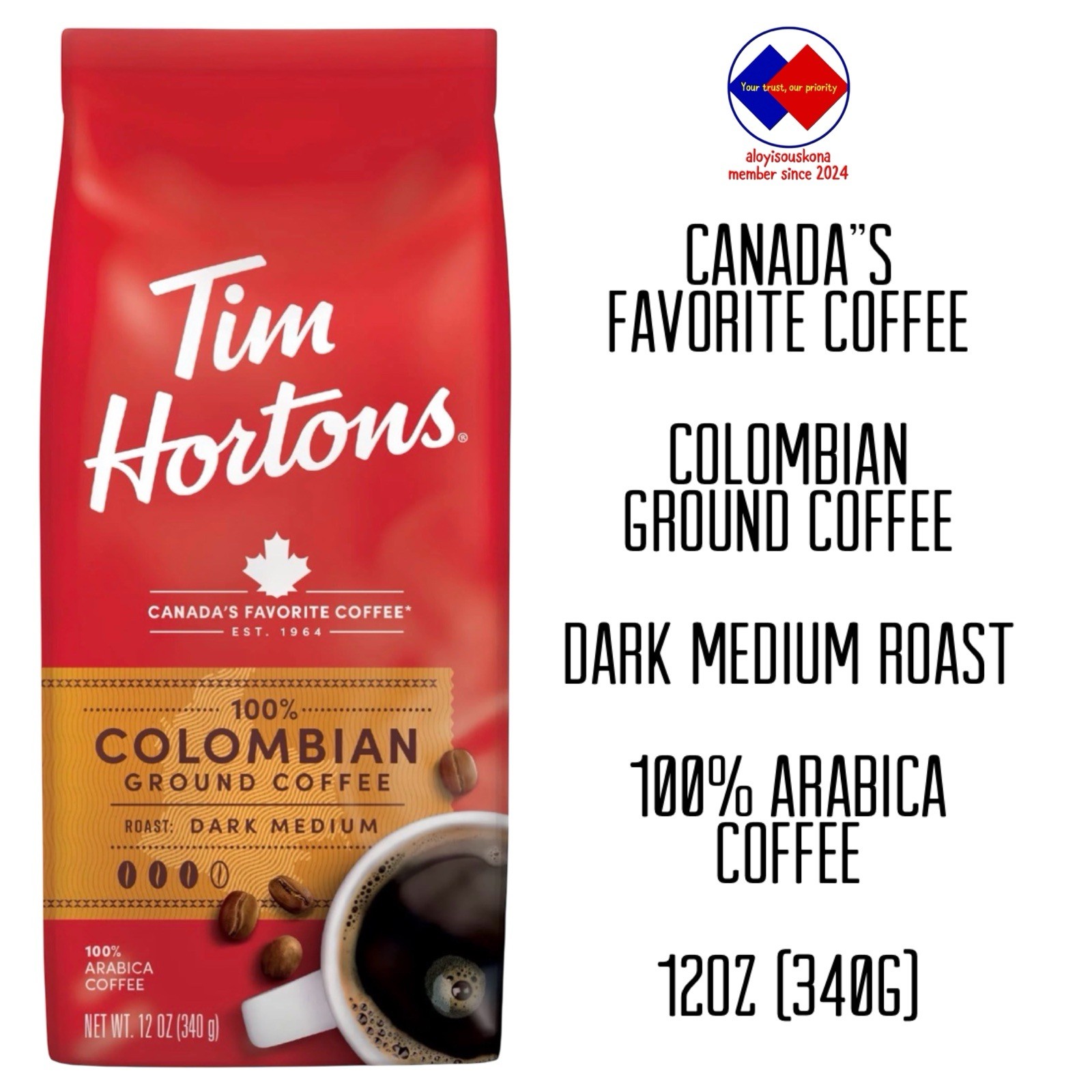 Tim Hortons Colombian Ground Coffee Dark Medium Roast 100% Arabica Coffee 12OZ