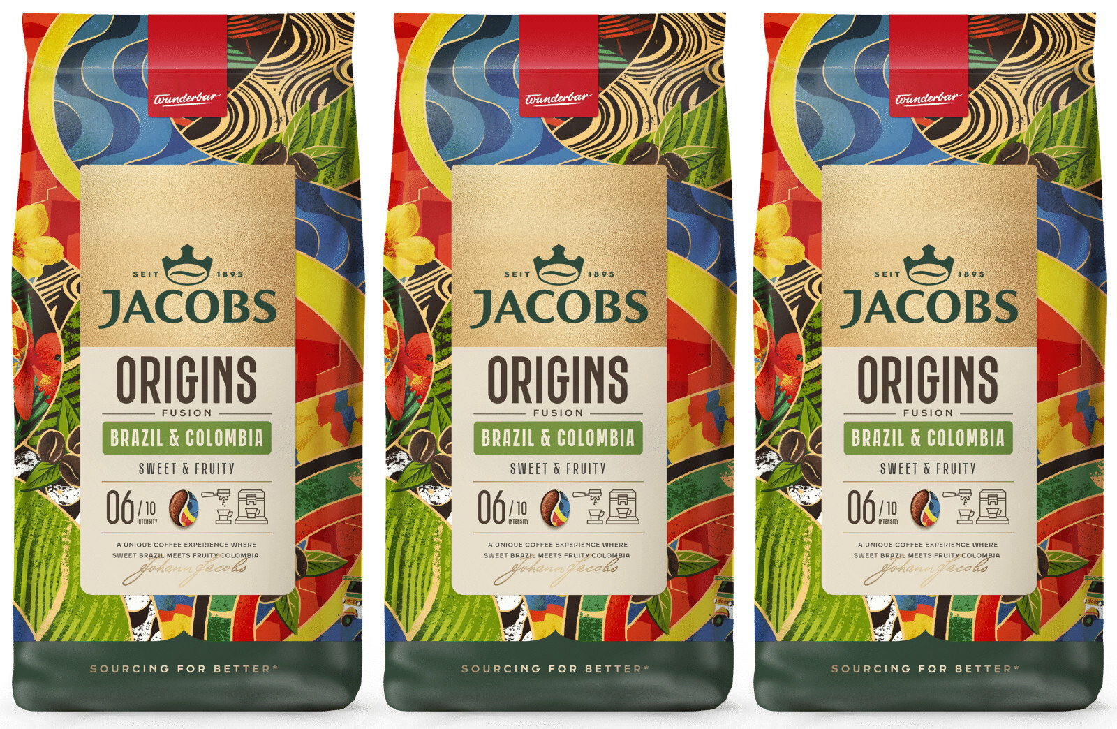 3 JACOBS ORIGINS Brazil & Colombia Coffee Beans Sweet & Fruity 1 kg 35oz Bags