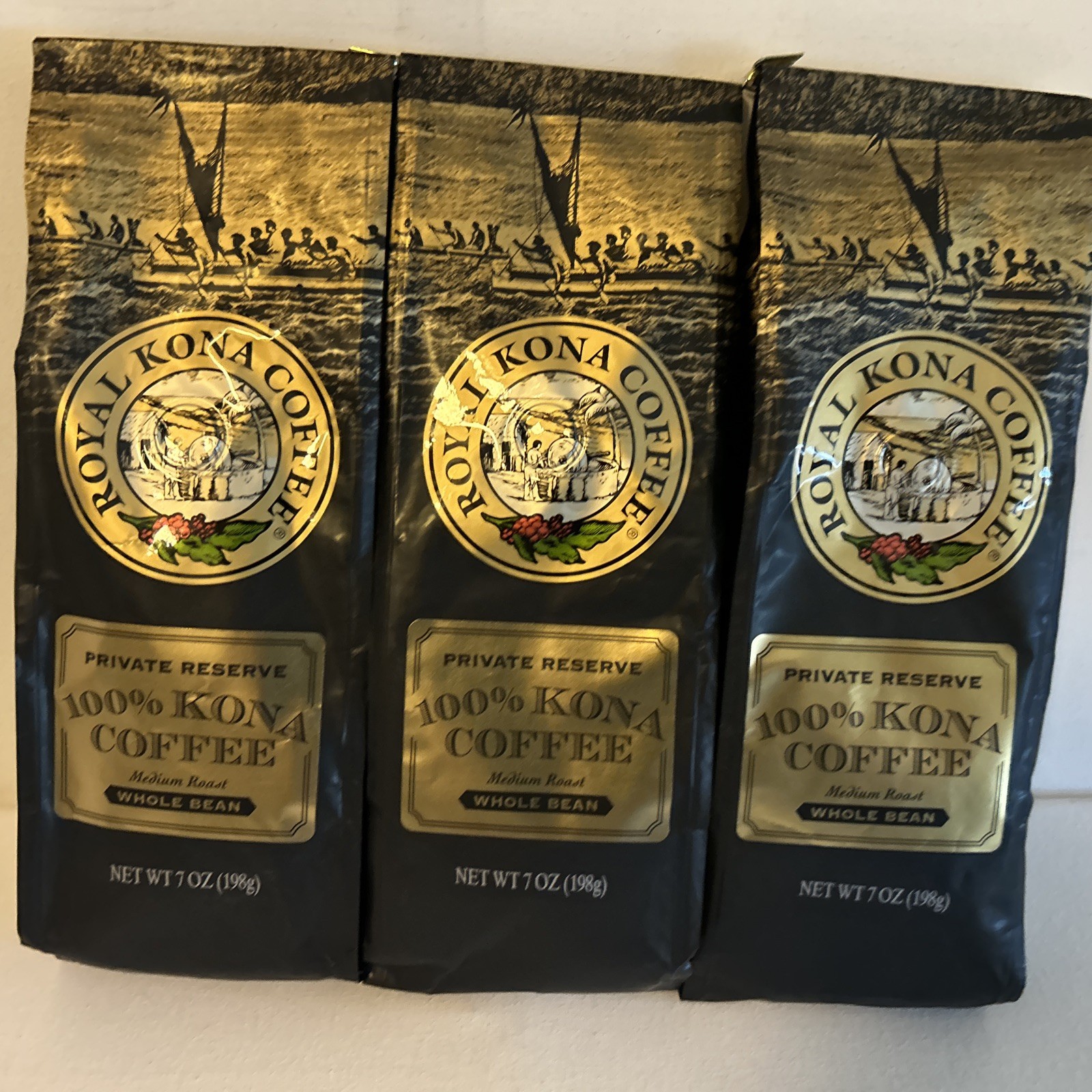3 Packs Royal Kona Whole Bean Coffee, 100% Kona, 7oz Ea Bb 2/27 Free Shipping