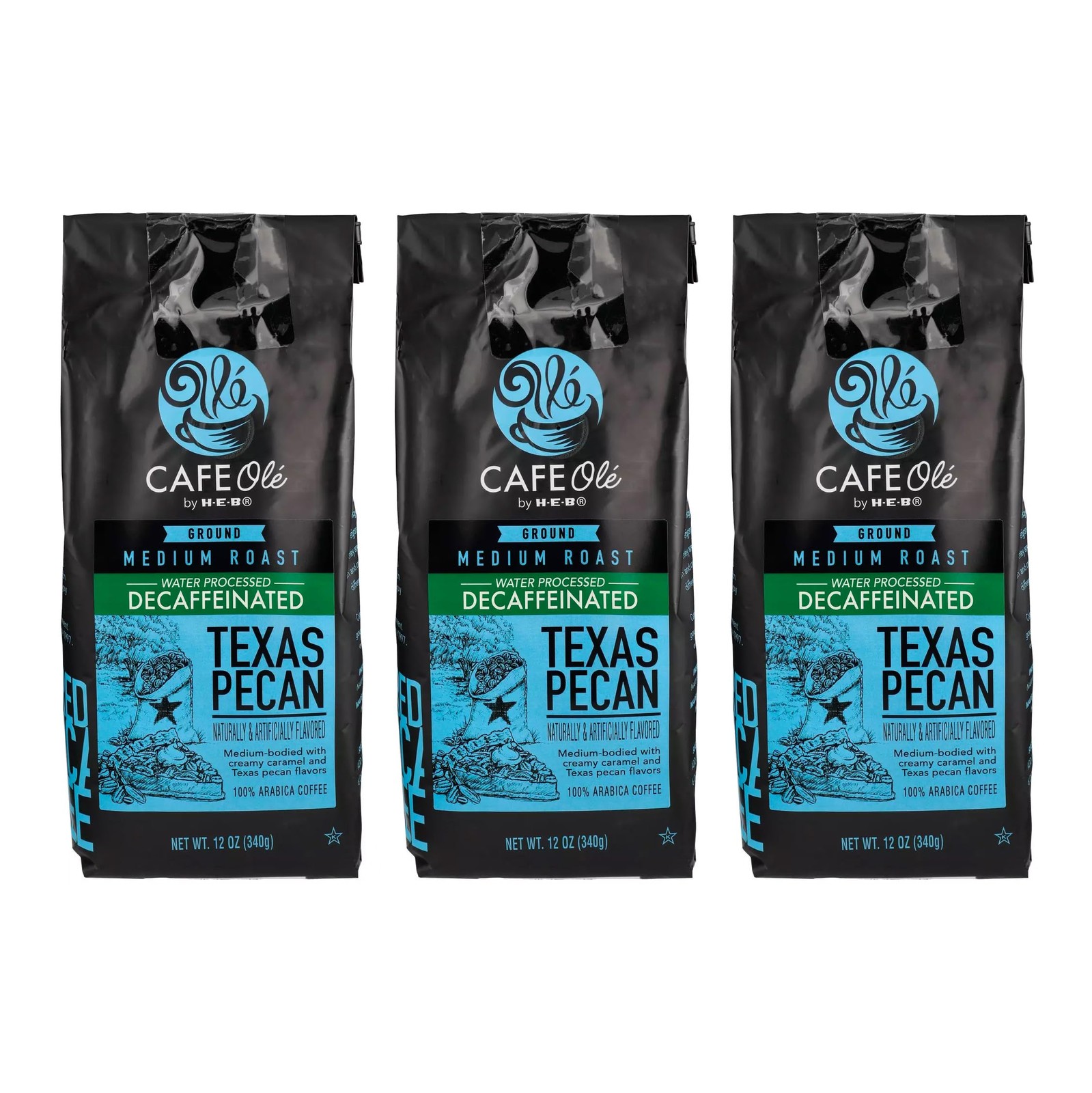 Cafe Ole – Texas Pecan Decaffeinated Coffee – Ground Decaf – 12 oz. (3 Pack)