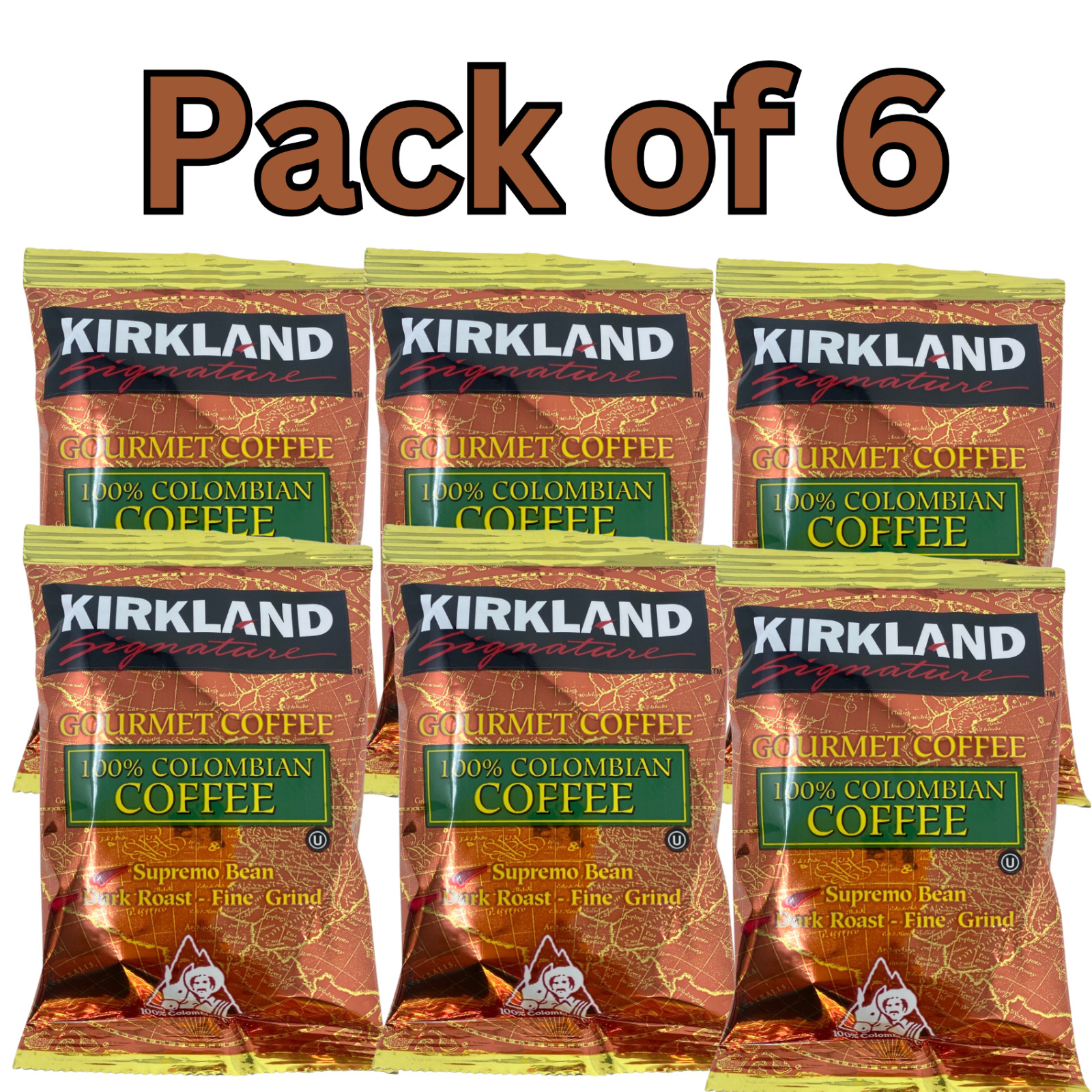 Gourmet Coffee, 100% Colombian Supremo Bean, Dark Roast, Fine Grind, Pack of 6