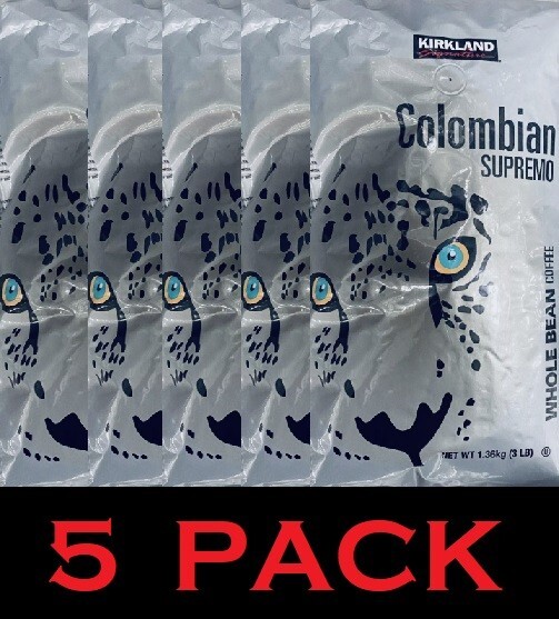 Kirkland Signature COLOMBIAN SUPREMO WHOLE BEAN Medium Roast Coffee 3 Lb 5 PACK