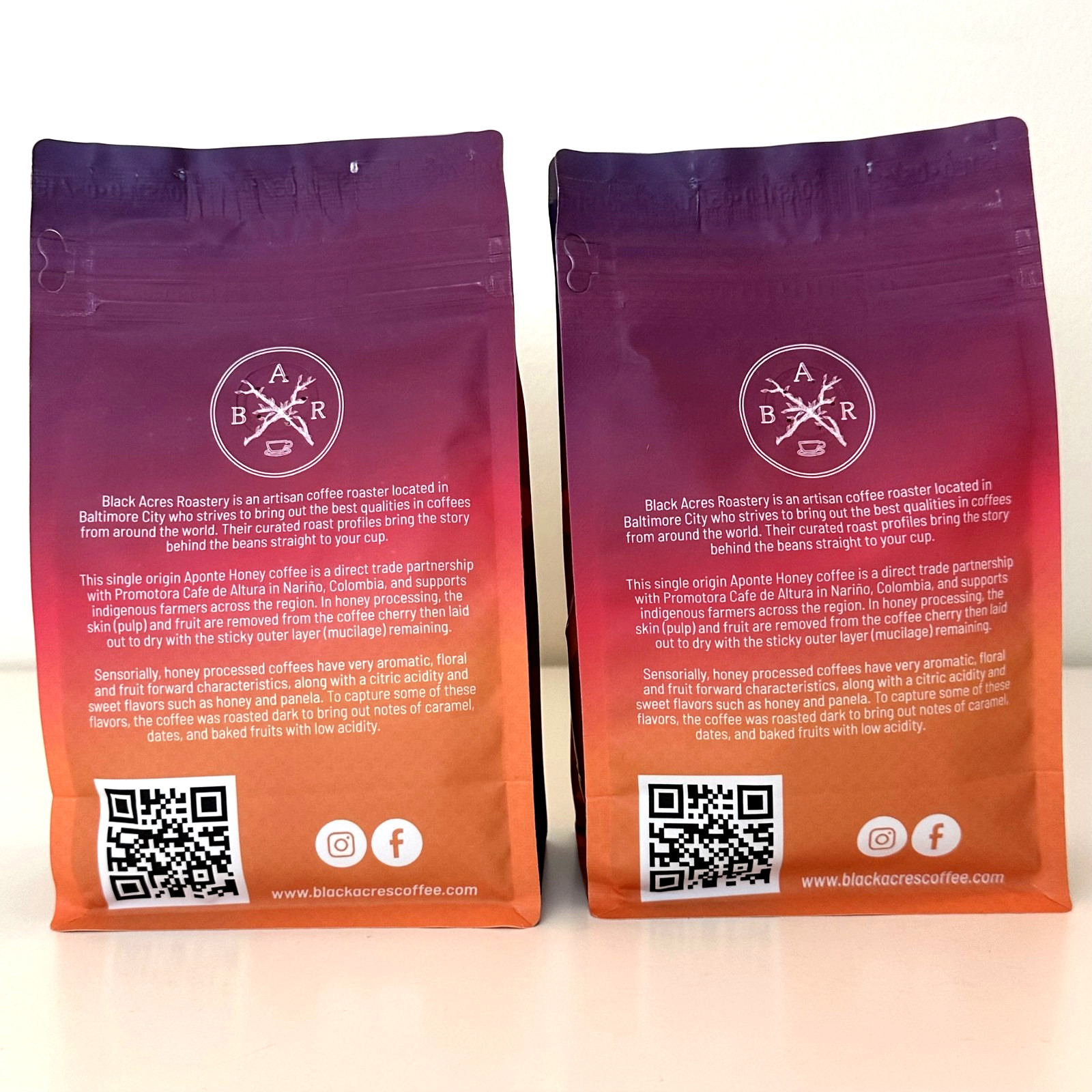 2 Packs Black Acres Roasters Colombia Aponte Honey Whole Bean Coffee 12oz