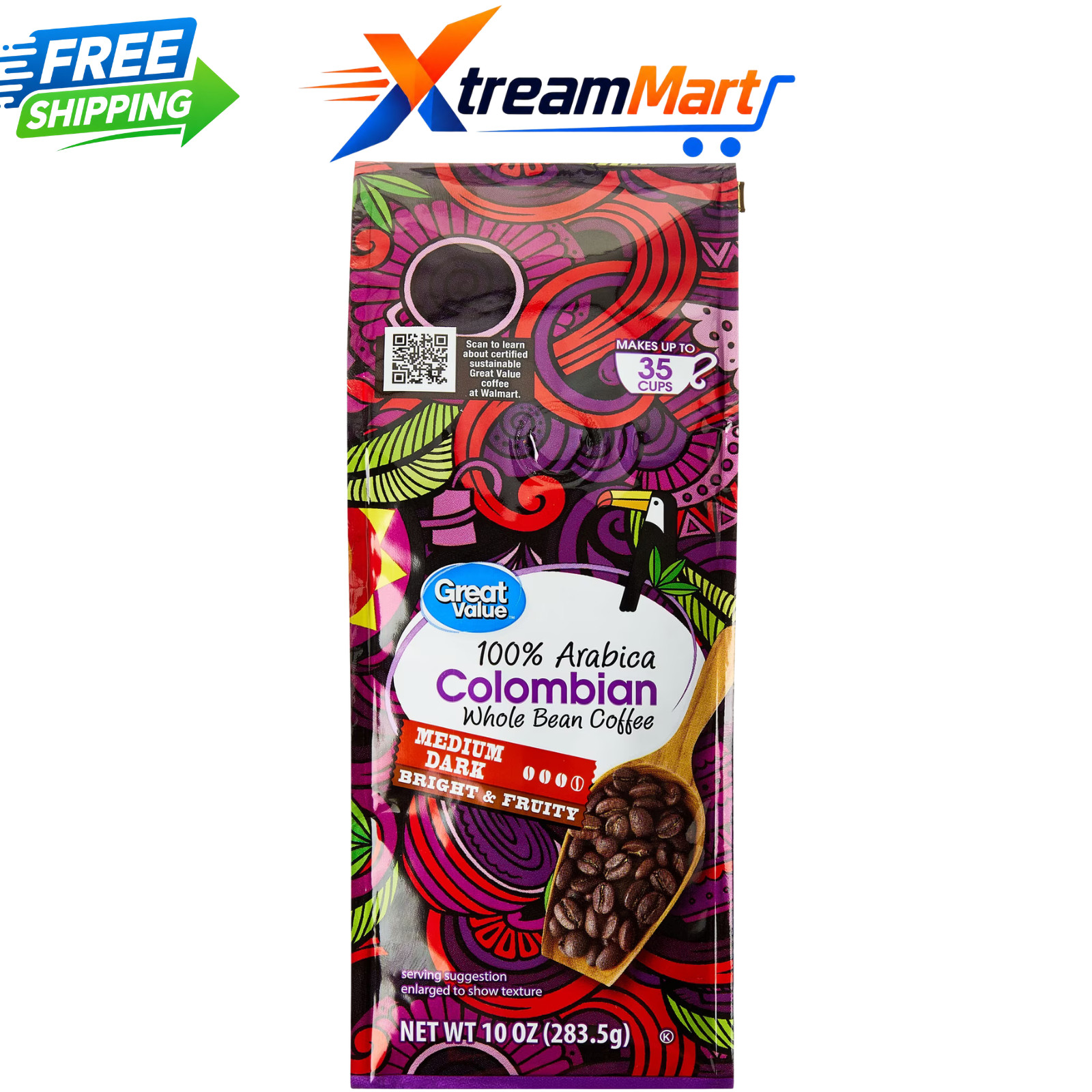 Great Value Colombian Whole Bean Coffee, Medium-Dark Roast, 10 oz.