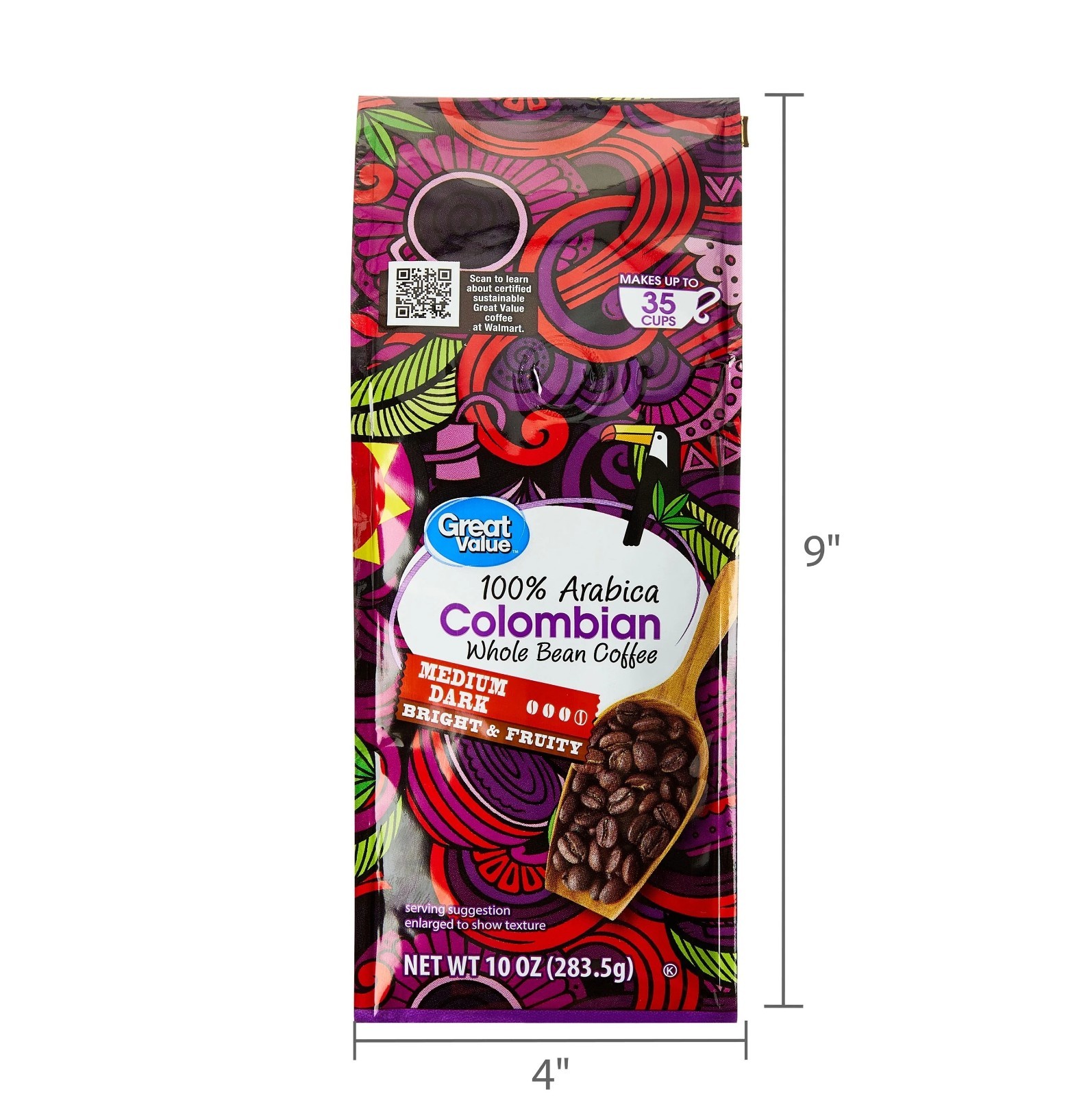 Great Value Colombian Whole Bean Coffee, Medium-Dark Roast, 10 oz Bag