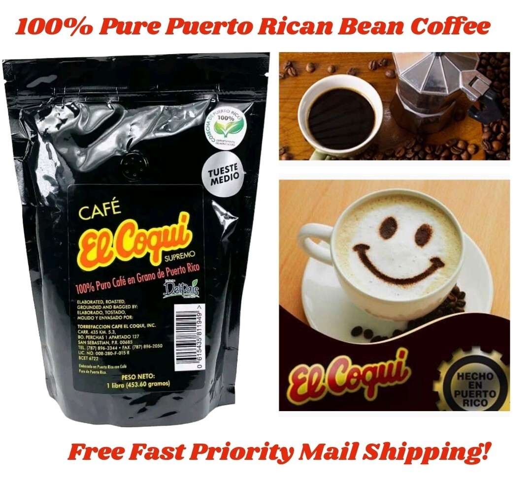 EL COQUI 100% Pure Puerto Rican Whole Bean Coffee 1 lb. PK FREE FAST SHIPPING!