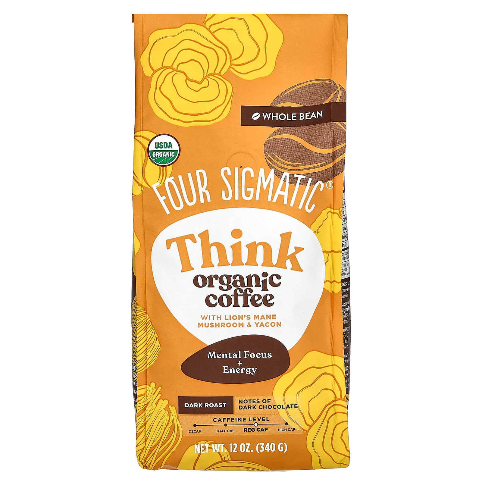 Think, Organic Coffee with Lion’s Mane Mushroom & Yacon, Whole Bean, Dark Roast,