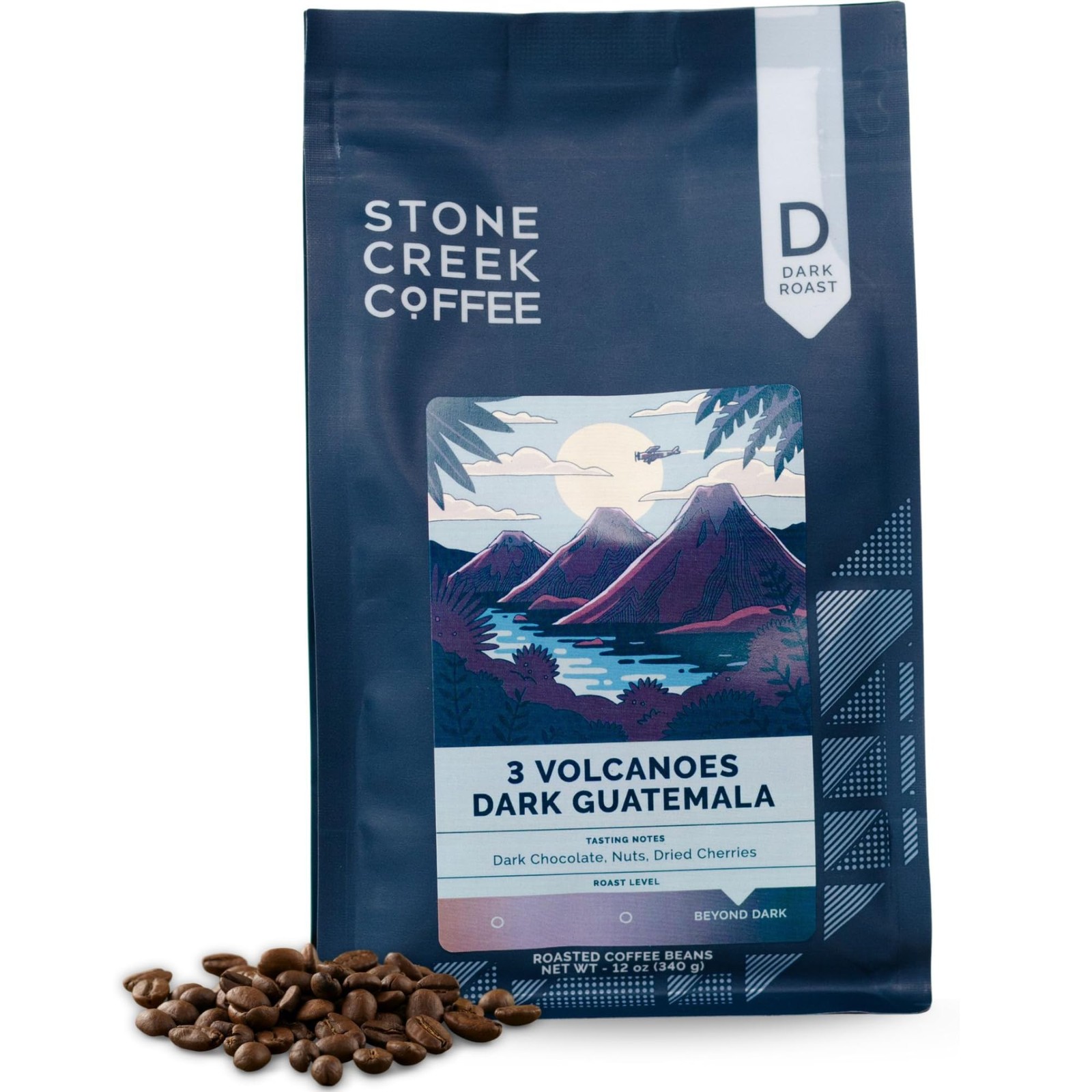 12 Oz 3 Volcanoes Dark Guatemala Roast Whole Bean Coffee Dark Chocolate
