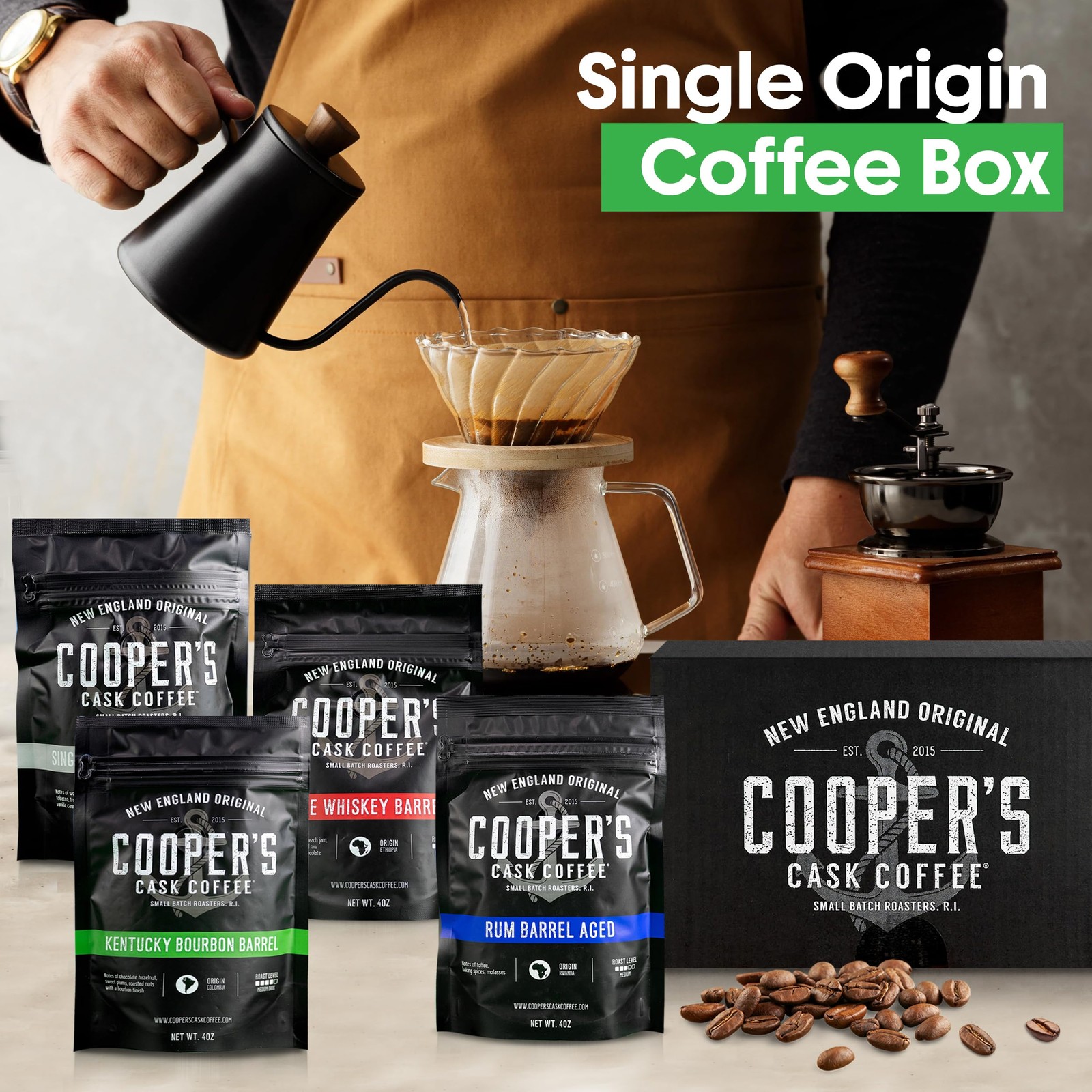 Bourbon Whiskey Barrel Aged Coffee Box Set 4 Whole Bean Single Origin Gift