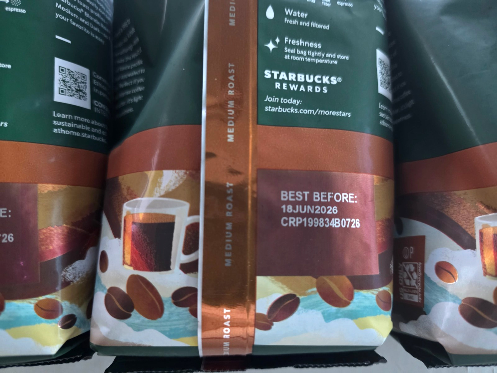 Starbucks Whole Bean Med Roast Coffee Breakfast Blend 3/12oz Bags