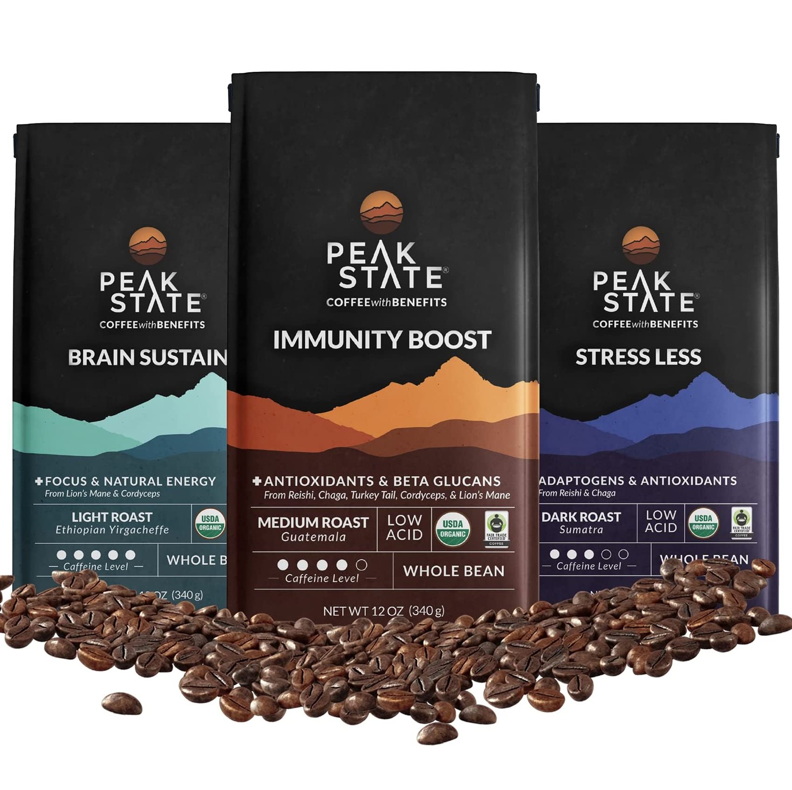 Peak State Coffee with Benefits, 3 Bag Variety Pack – Mushroom Coffee, Low Ac…