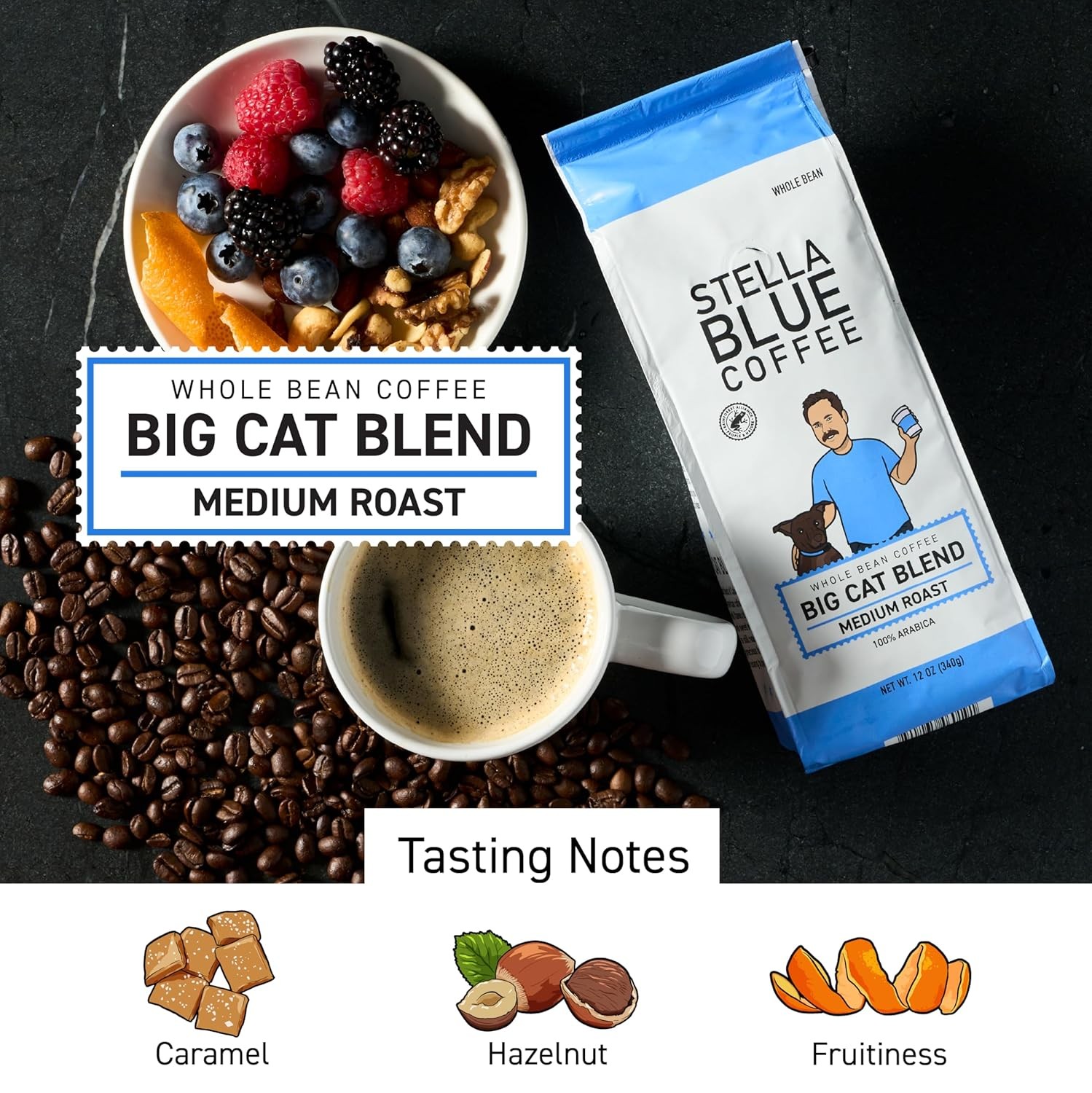 Whole Bean Coffee Big Cat Blend Medium Roast Caramel Hazelnut Fruity Notes