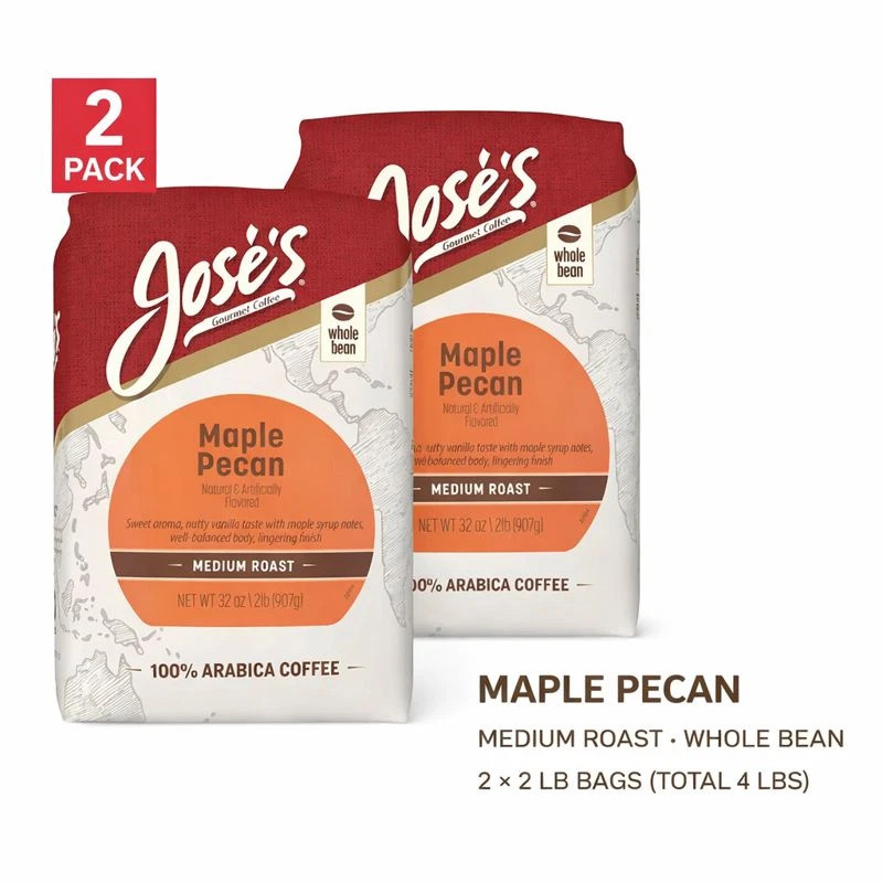 Jose’s Maple Pecan Whole Bean Coffee, Medium, 2 lbs., 2-pack