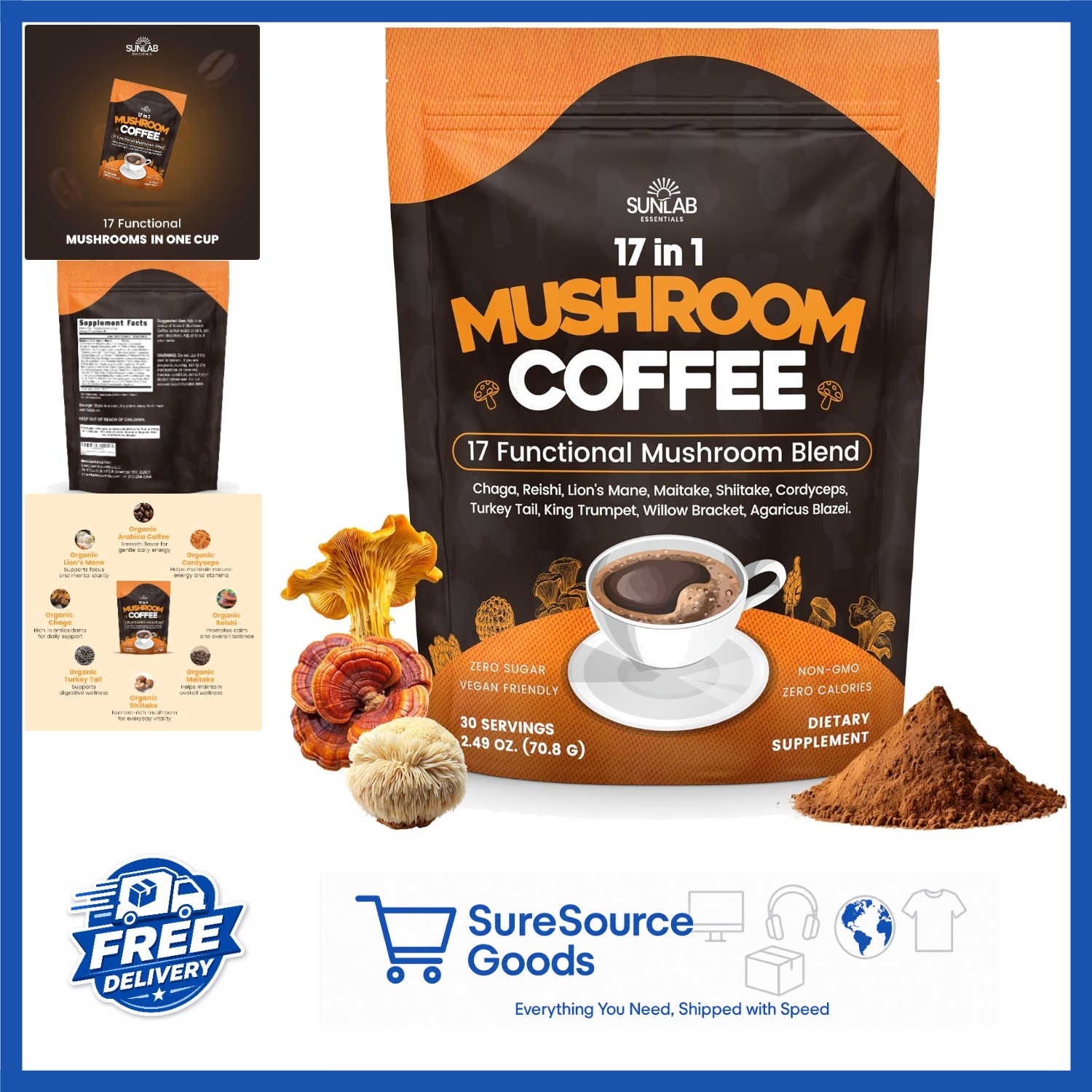Organic Mushroom Coffee 17 Functional Mushroom Blend Instant Coffee 30 Servings