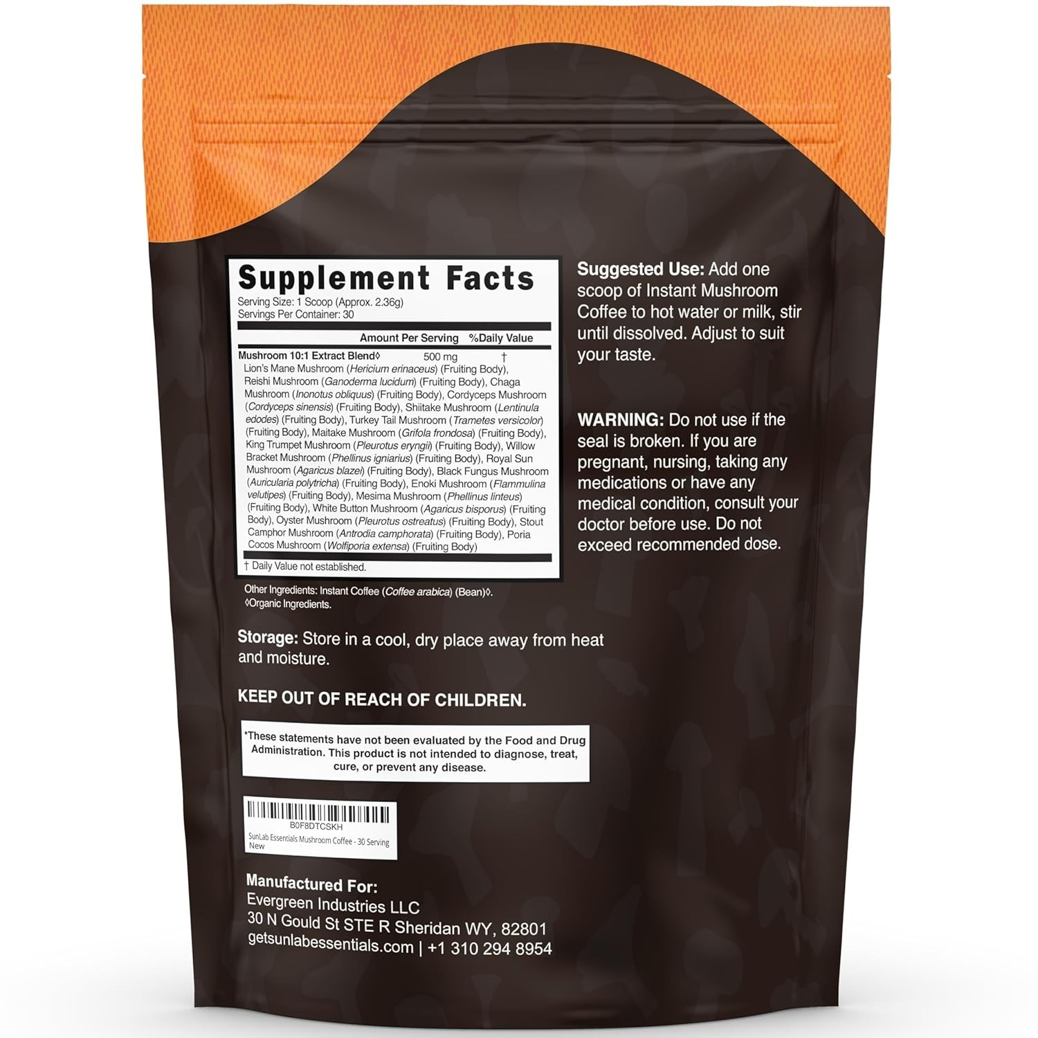 Organic Mushroom Coffee 17 Functional Mushroom Blend Instant Coffee 30 Servings