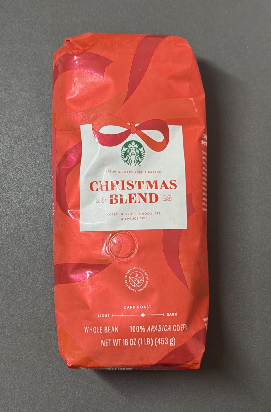 Starbucks Christmas Holiday Blend – Sumatra Dark Roast, Whole Bean Coffee, 16 Oz